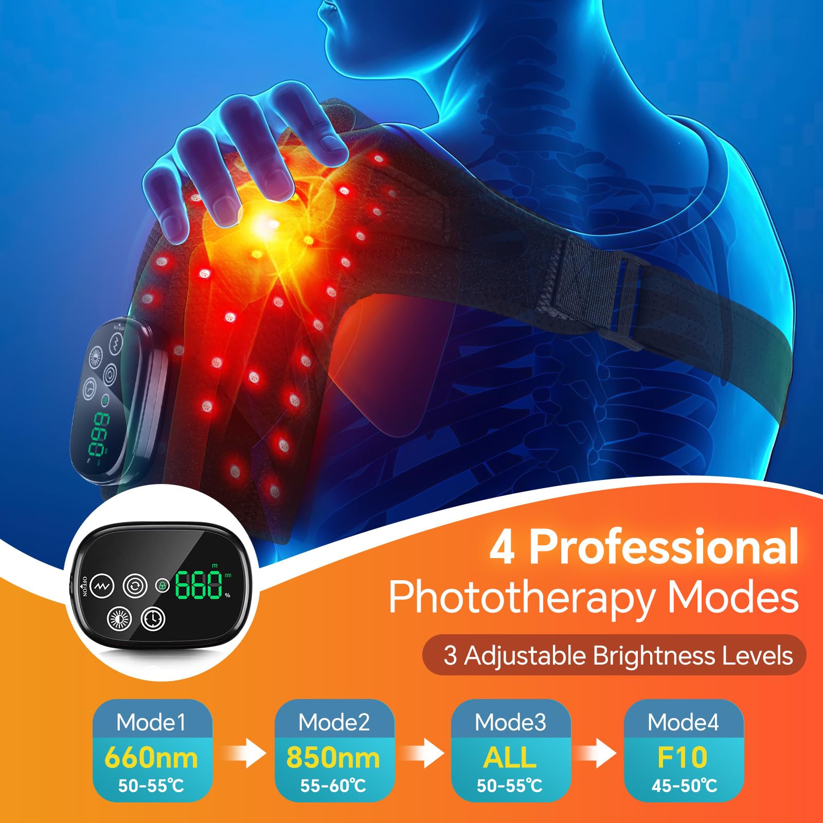 Kabellose Beheizte Schultermassageauflage 660-nm- & 850-nm-LED-Licht | mit 3 Heizstufen & 3 Vibrationsmodi, 3 Minuten Timer, Touchscreen-Steuerung, 5000mah-Akku