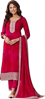Libas Womens Printed Silk Blend Straight Kurta With Trousers and Dupatta