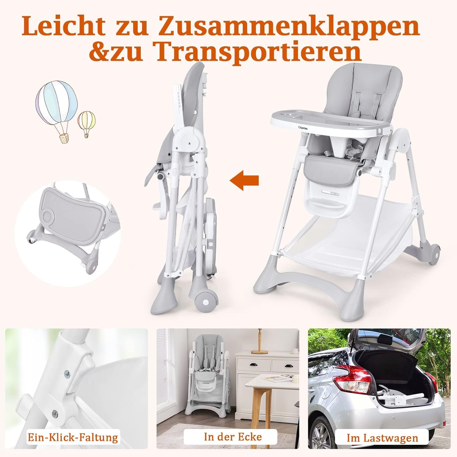 GOPLUS Trona Evolutiva Plegable Bebe para 6-36 Meses Hasta 15 kg, Silla Comer Portatil, 6 Niveles de Altura, 3 Ajustes de Reposapiés,5 Inclinaciones de Respaldo,Funda de PU, Cesta de Juguetes (Gris)