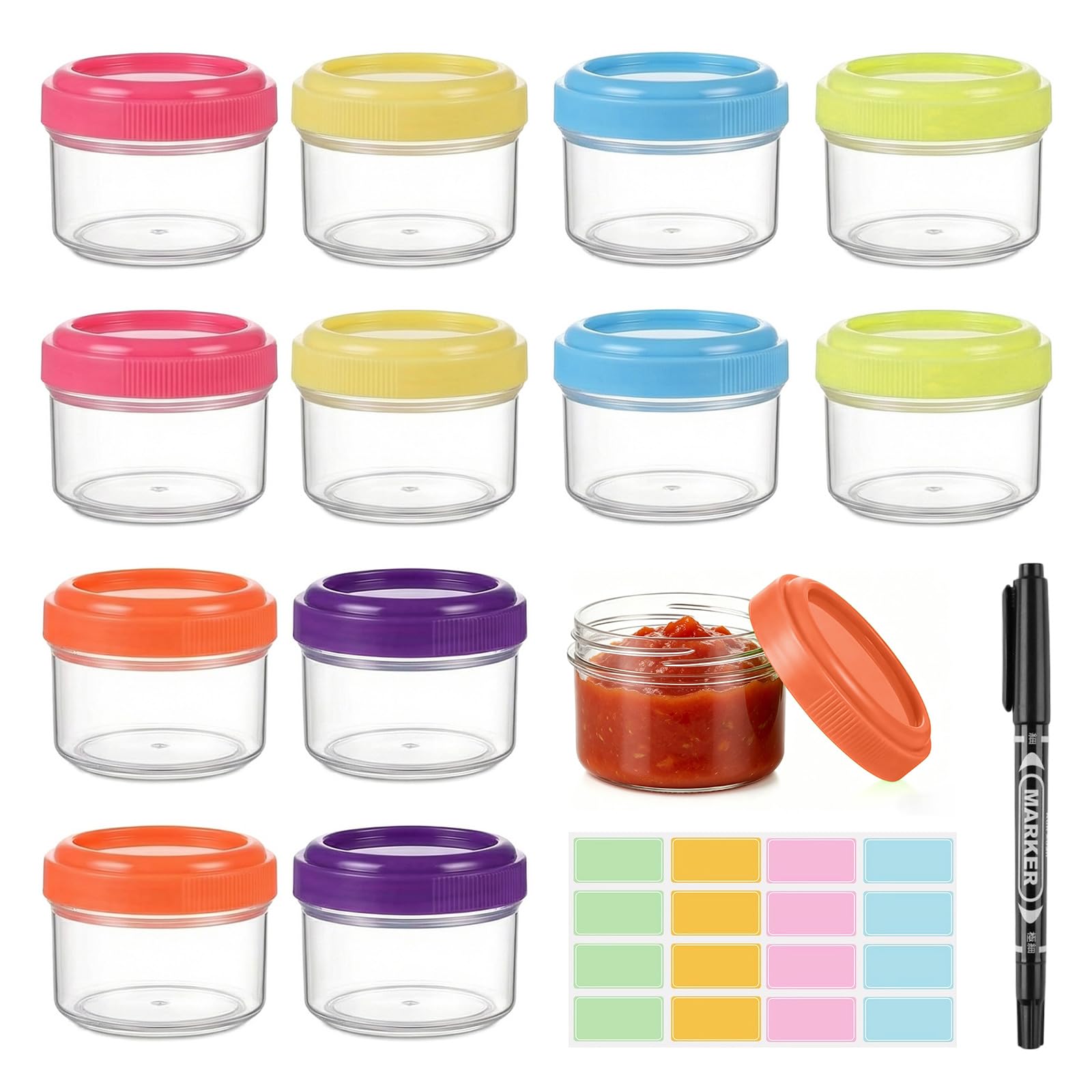 WORLUDE 12Pcs Small Plastic Containers with Lids, 35ML Small Sauce Pots Plastic Pots with Labels & Markers, Reusable Stackable Small Frozen Food Storage Containers for Jars Dips Salads Chutney
