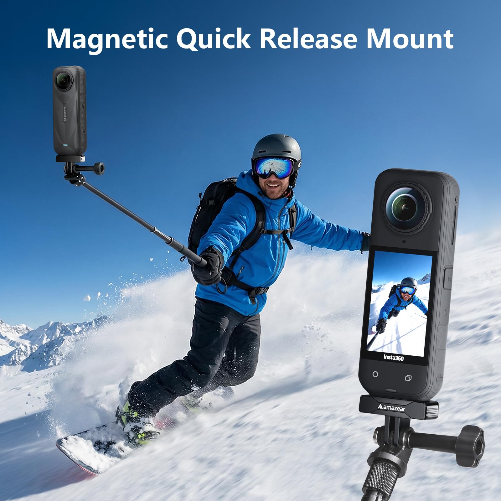 AMAZEAR Supporto magnetico per Insta360 X5/X4 Air (2 pcs), Insta 360 X5 / Ace Pro 2 Supporto magnetico a sgancio rapido- Adattatore QR in Plastica con Filettatura 1/4"-20, Costruzione in Plastica