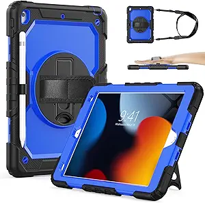 SIBEITU Case Compatible with iPad 9th/8th/7th Generation with Screen Protector Pen Holder, iPad Case 10.2 Inch, Heavy Duty Protection Cover W/Stand Hand Shoulder Strap for iPad A2602 A2197