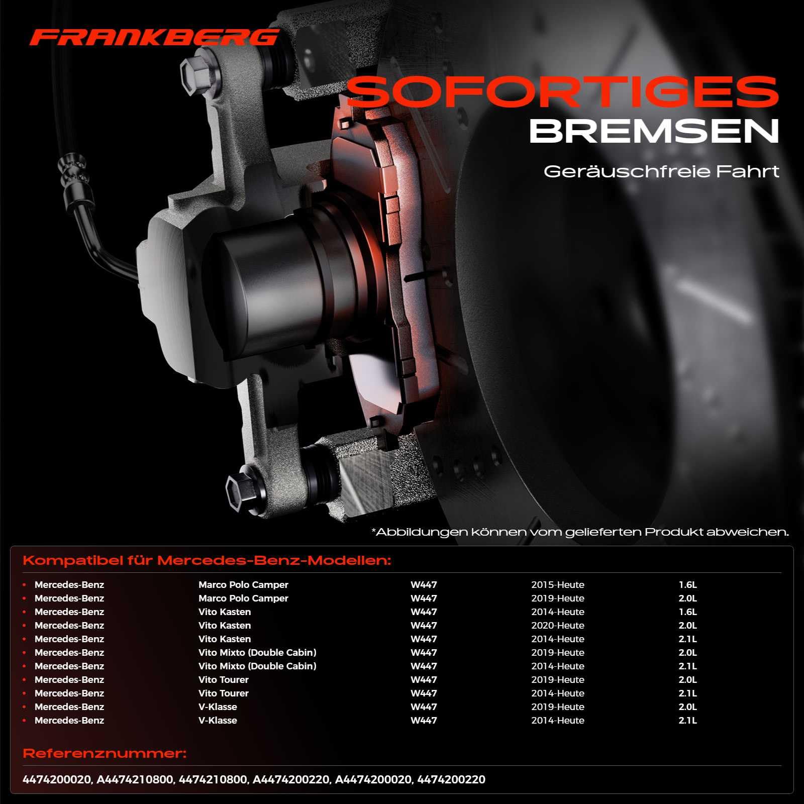 Frankberg Bremsbelagsatz inkl. 4x Bremsbeläge Vorne Kompatibel mit V-Klasse W447 Vito Tourer W447 Marco Polo Camper W447 Vito Replace# 4474200020,A4474200020