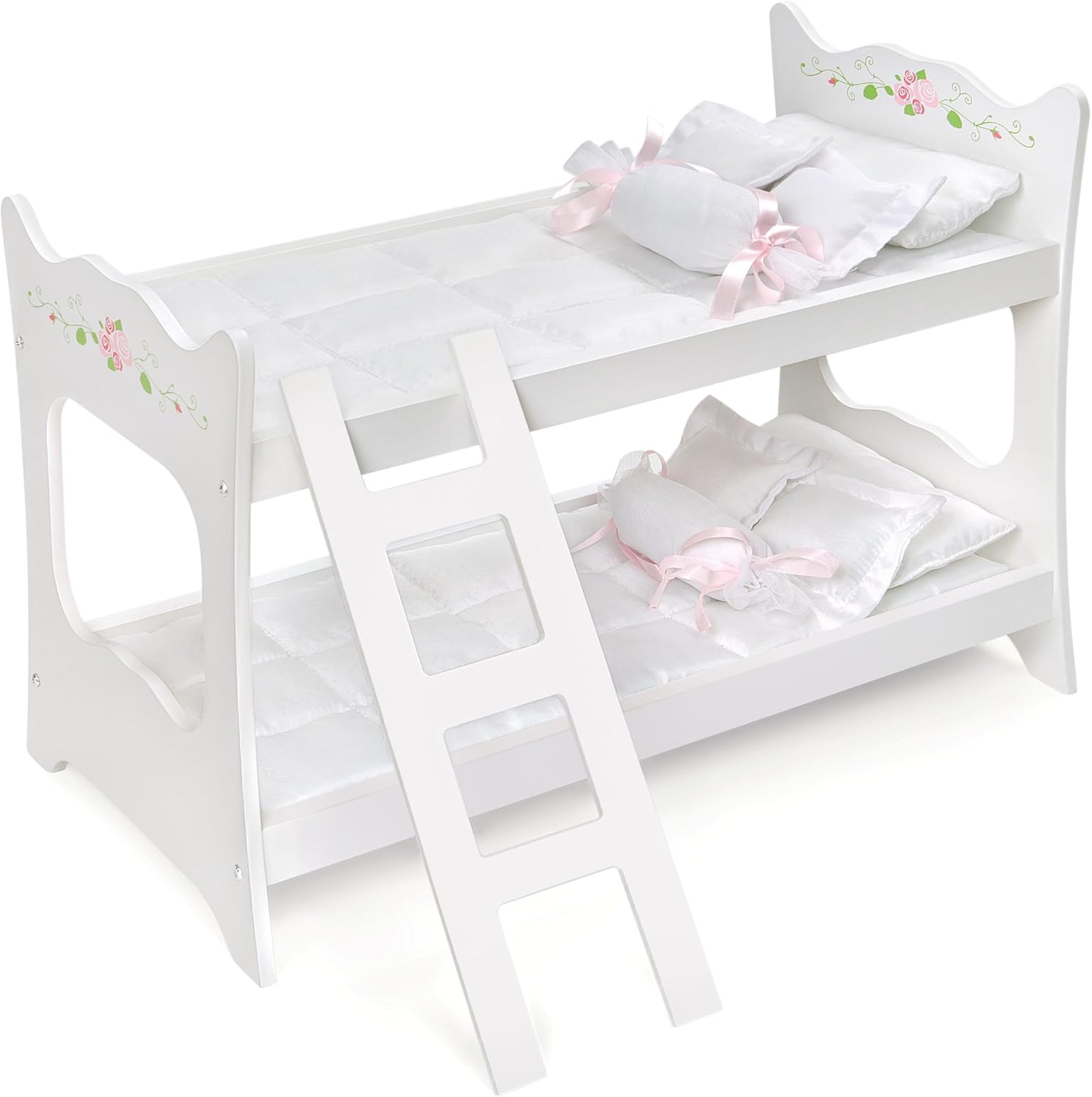 Badger Basket Doll Bunk Bed with Ladder and Bedding – Stylish White & Rose Design for 18 to 20-Inch Dolls with Pillows and Blankets