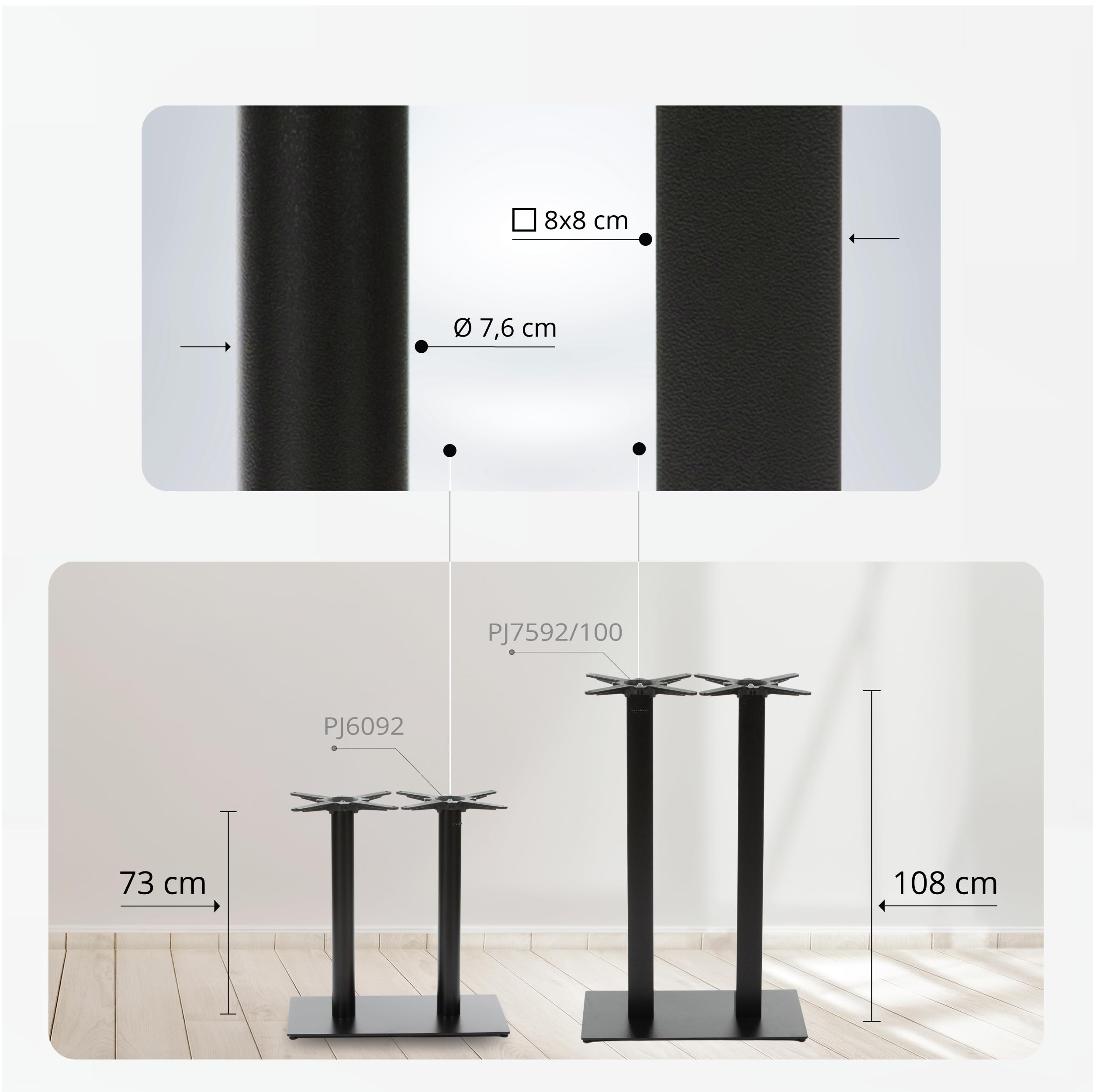Premium Doppel-Tischgestell - PJ6092 | schwarz | Höhe 72 cm | Bodenplatte 75x40 cm | max. Tischplattengröße 150x80 cm | runde Stahlsäulen | Ideal für Esstische
