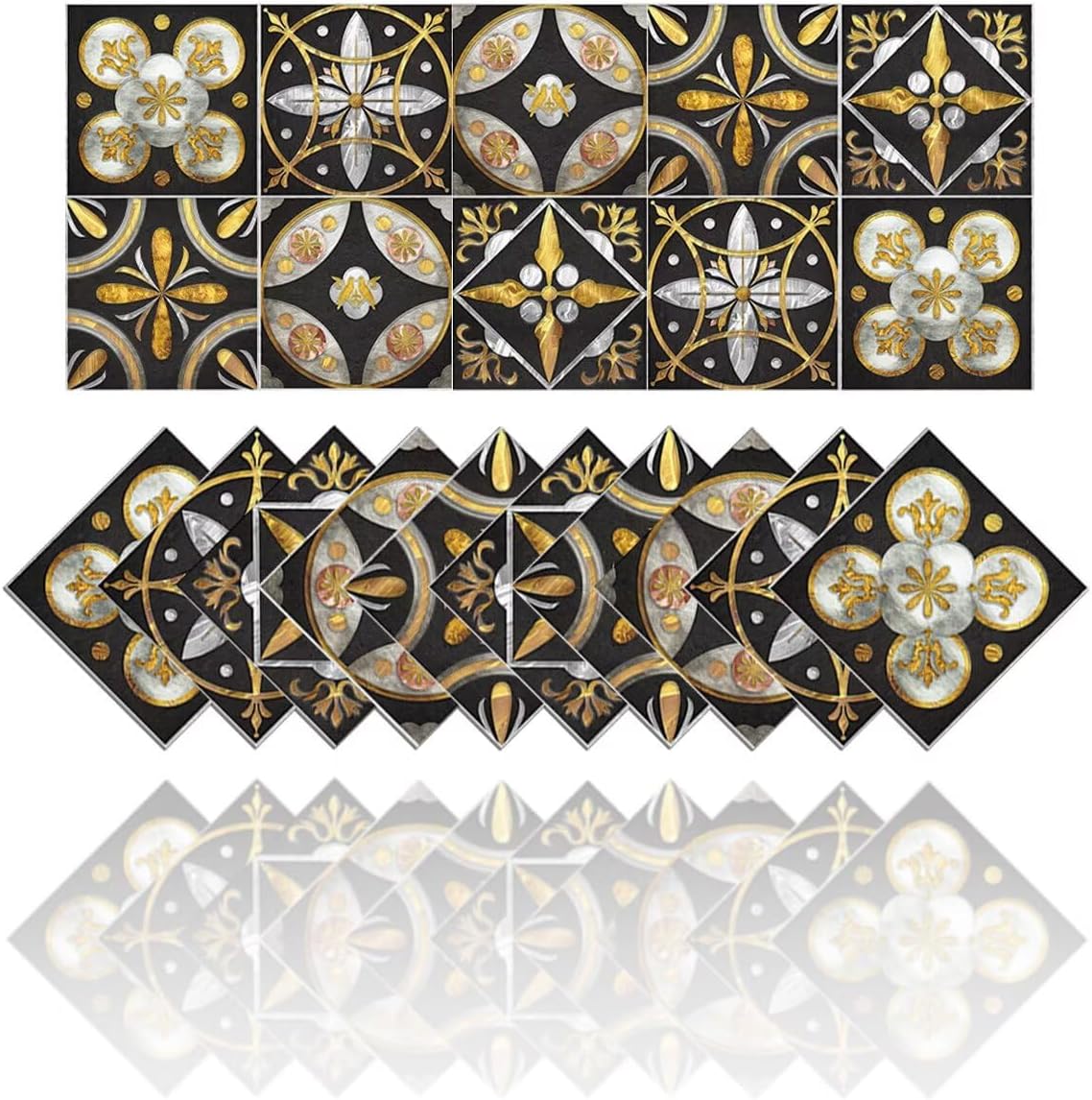Self-Adhesive Vintage Moroccan Tile Decals Peel and Stick 6x6 Inch, DIY Wall Backsplash Stickers Decorative Murals for Kitchen/Bathroom/Home Décor, Pack of 10, Gold/Black