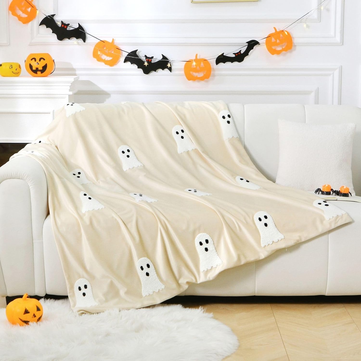 Halloween Ghost Throw Blanket 50x60, Ultra Soft Velvet All-Season Decorative Blankets with 3D Embroidered Ghost, Hidden Zipper for Duvet Insert, Cozy Bed or Sofa Blanket (White) - Image 3