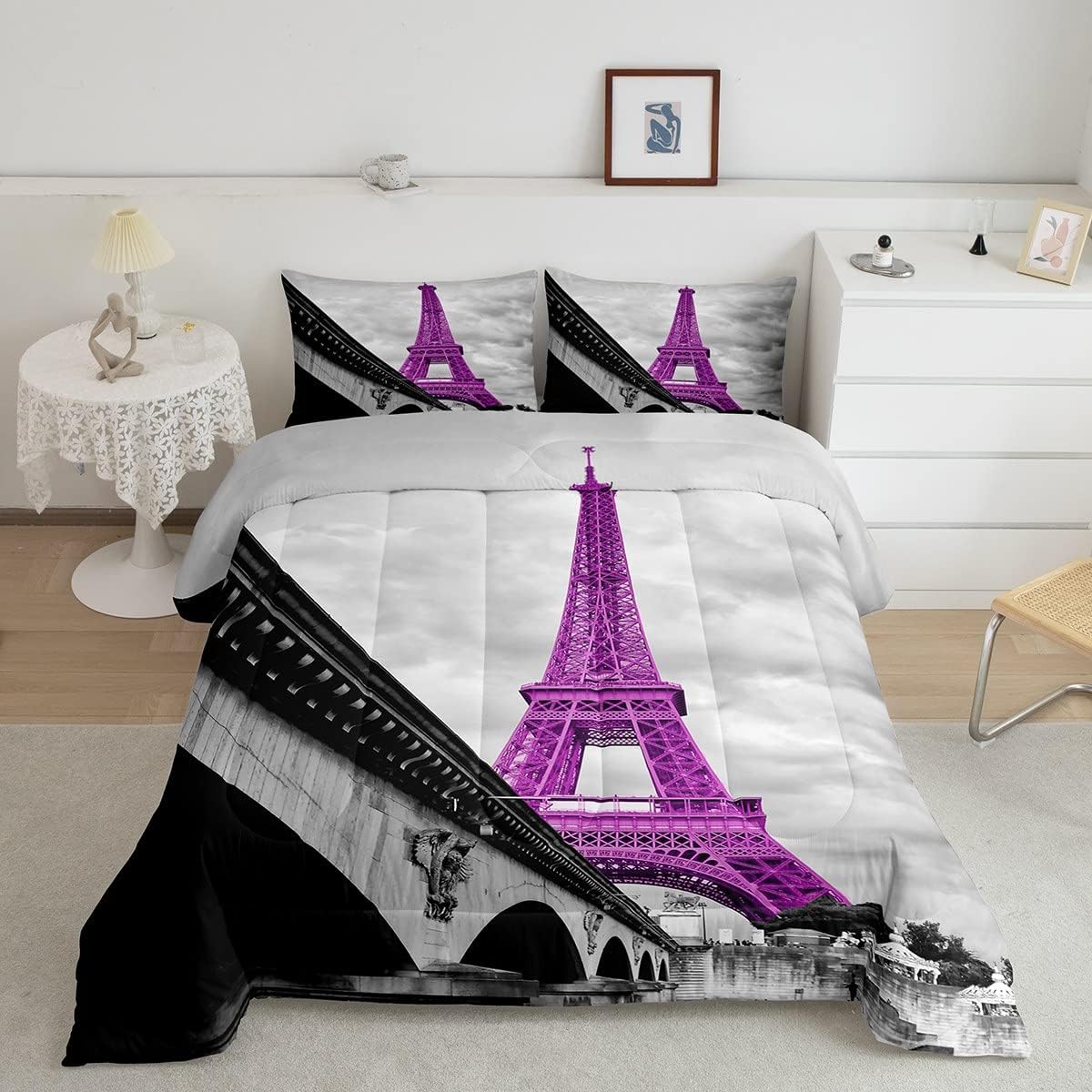 Feelyou Eiffel Tower Comforter Set Full Size Paris Purple Eiffel Tower Decor Bedding Set French Bridge Capital Gray Cityscape Comforter Romantic Quilt Set