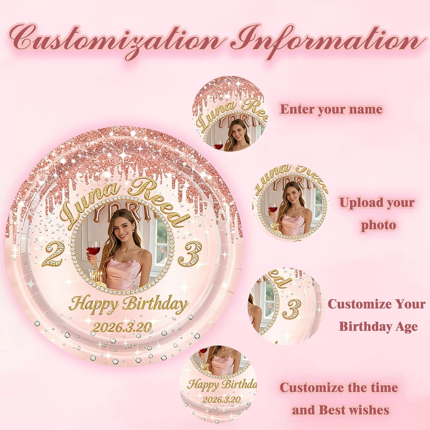 Custom Birthday Cake Plates 9 Inch Thick Paper Plate Rose Gold-Themed Disposable Birthday Cake Plate Suitable for girls ladies and princess-themed parties