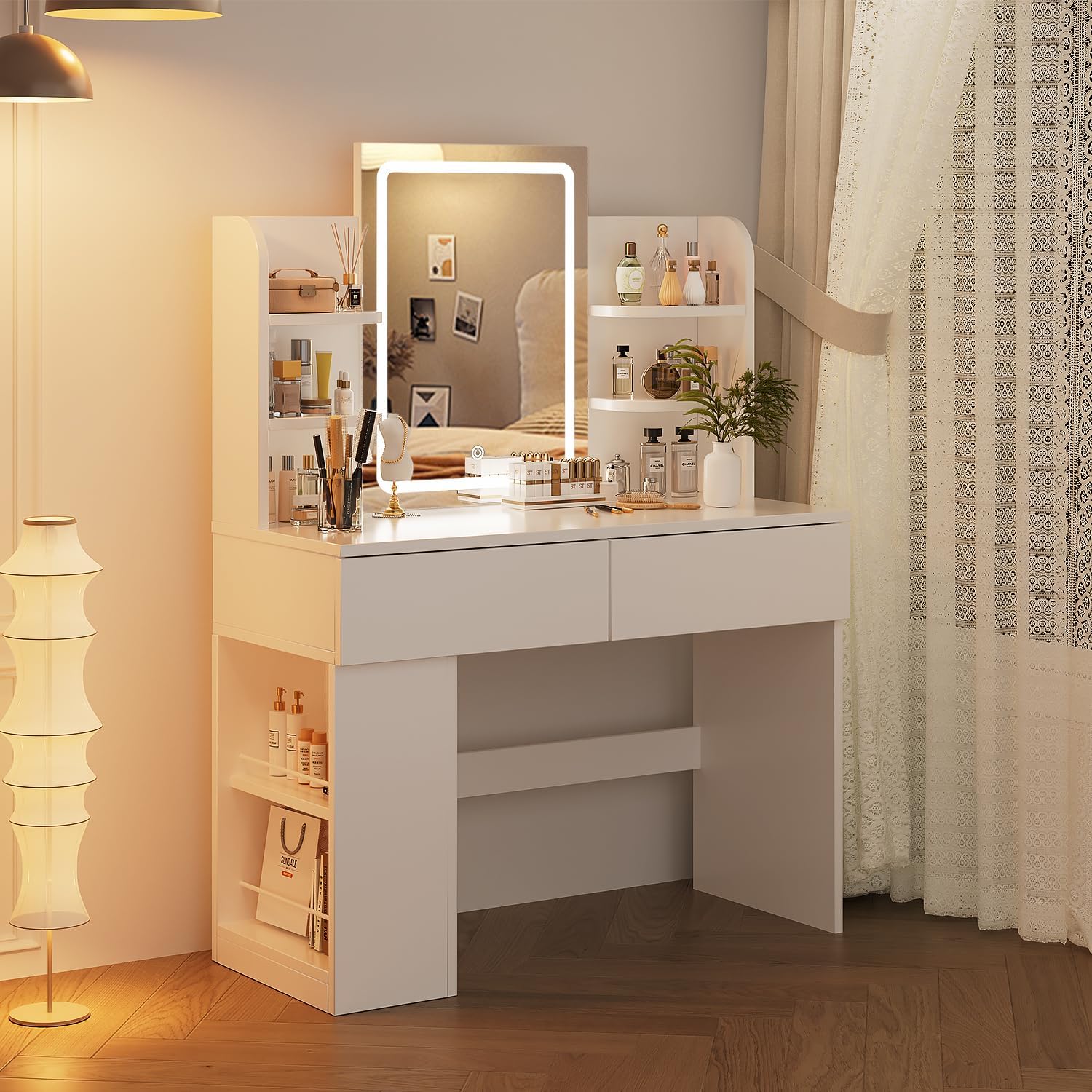 Airfish Dressing Table with LED Light,Vanity Desk with Mirror and Concealed LED Light Strip, MakeUp Desk with Two Drawers and One Sideboard,Modern (White, 90 x 40 cm)
