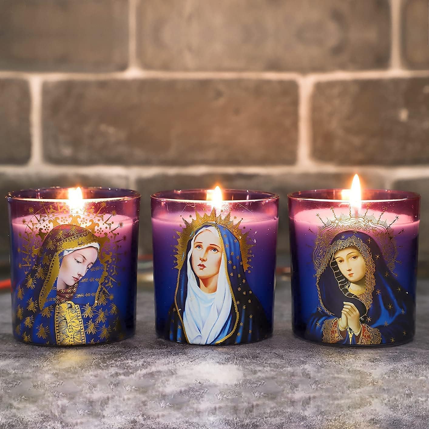 Prayer Candles, Devotional Candles, Virgin of Mary Saints Religions Decoration, Rosemary Scented Votive Candles for Prayer Altar, Mantle, Church - Set of 3