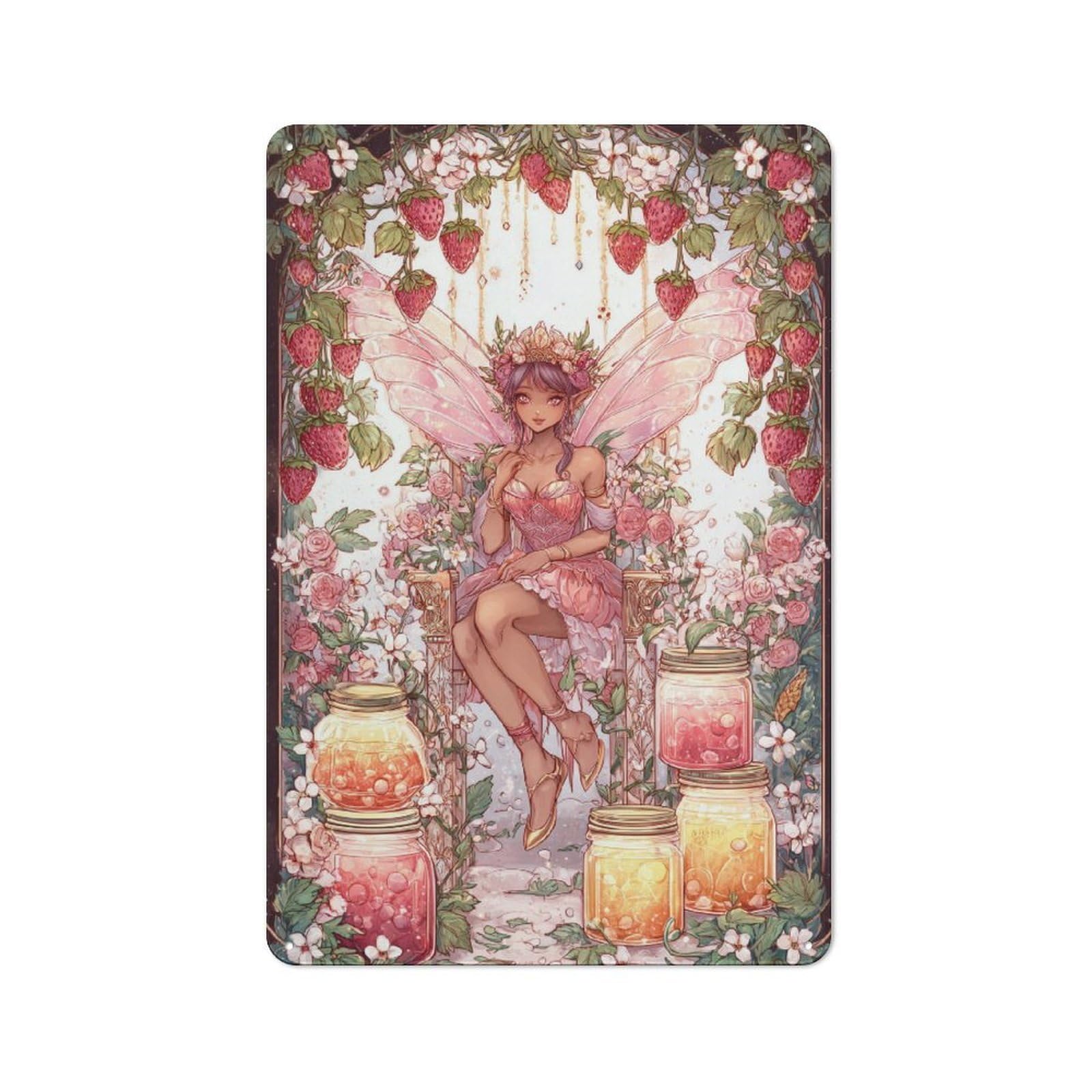 Junmoney Fairy Of Strawberries Vintage Tin Wall Plaque 30X20cm For Café Or Restaurant, A Decorative Christmas Gift For Café Owners And Decorators