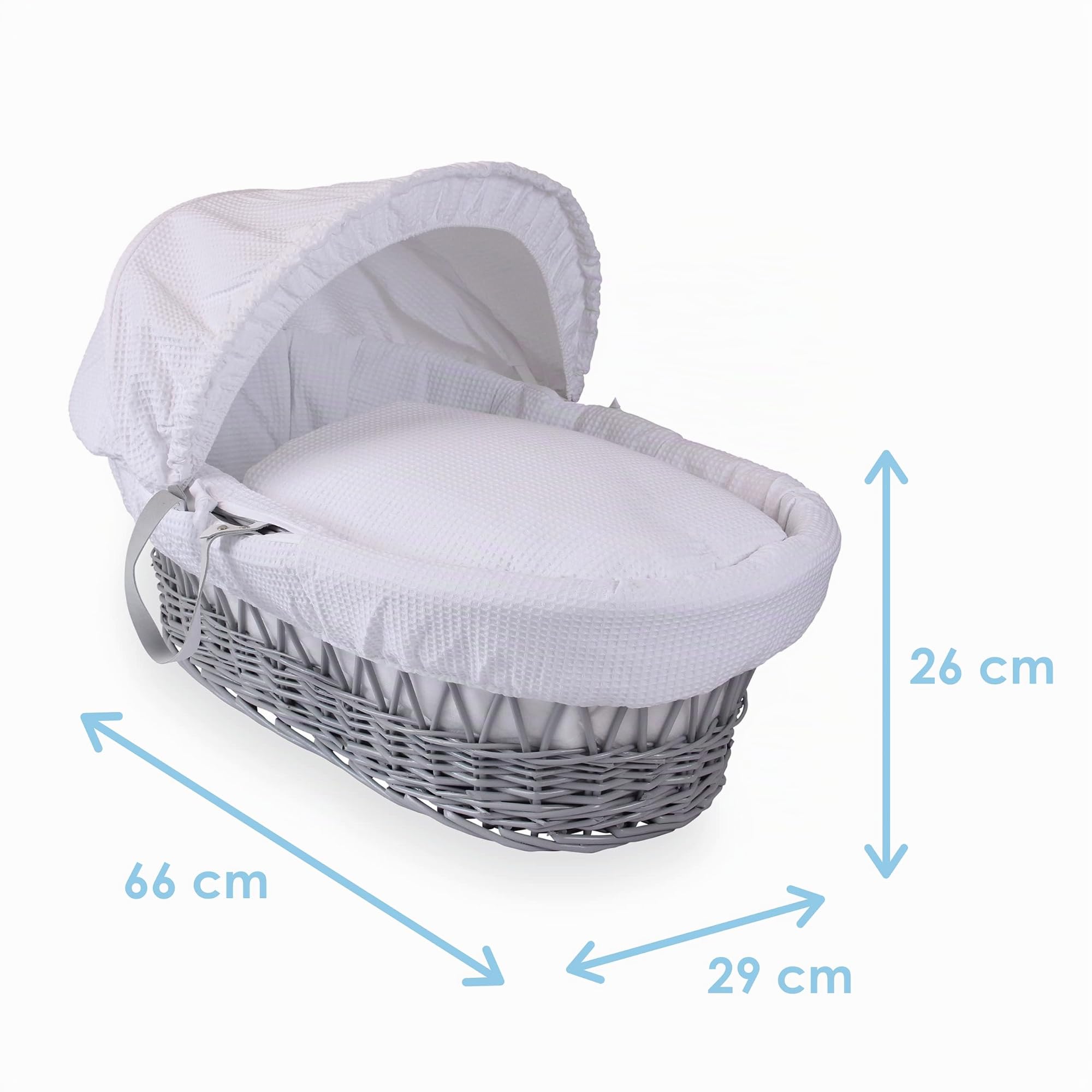 Clair de Lune Moisés de Mimbre Gris gofre y Soporte Mecedora de Lujo Gris Que Incluye 1 Capucha Ajustable y extraíble, 2 Asas de Transporte, Colcha y 1 colchón de Fibra hipoalergénica Firme (Blanco)