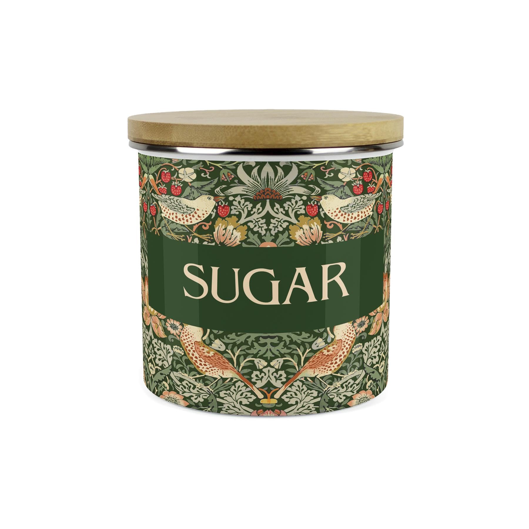 Purely Home Green Strawberry Thief Sugar Storage Canister - Morris Inspired Floral Tapestry Artwork - 1.2L Enamel Hot Drinks/Food Kitchen Storage Container