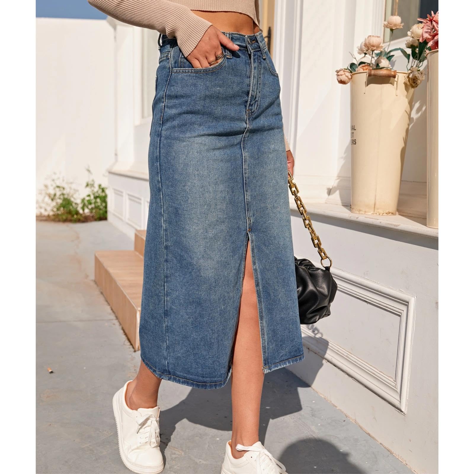 NOGRAX Gonna Lunga Gonna in Denim in Alto Dritta Donne Donne Vintage Split Fork Blue Long Bodycon Gonna Jeans