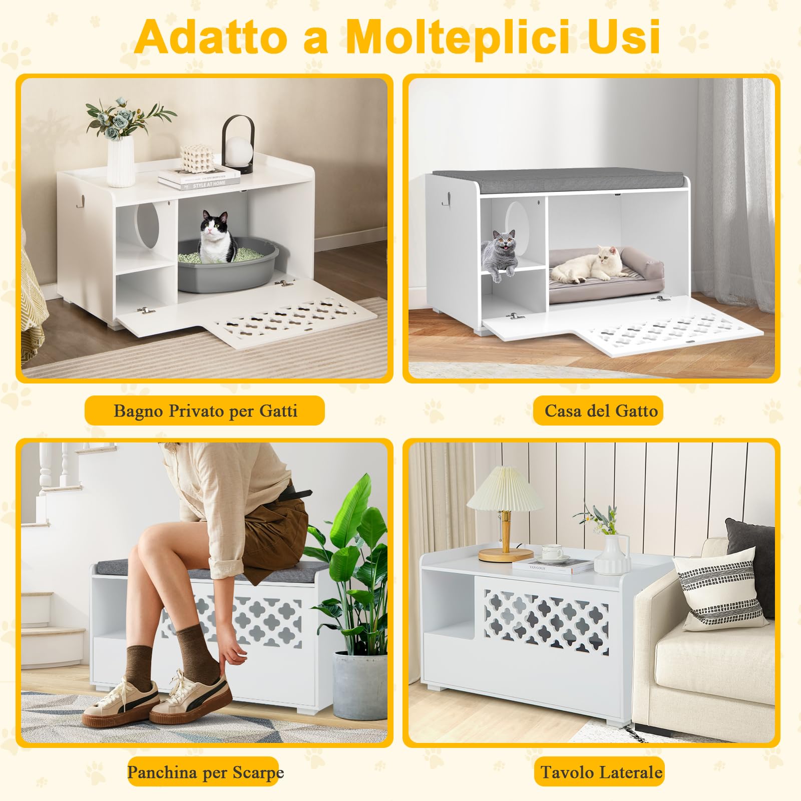 GYMAX Casetta per Gatti 2 in 1 con Apertura a Cerniera, Cuscino Rimovibile, Mobile Multifunzione per Lettiere per Gatti in Stile Moderno per Camera da Letto, Soggiorno, 90 x 48,5 x 52 cm, Bianco