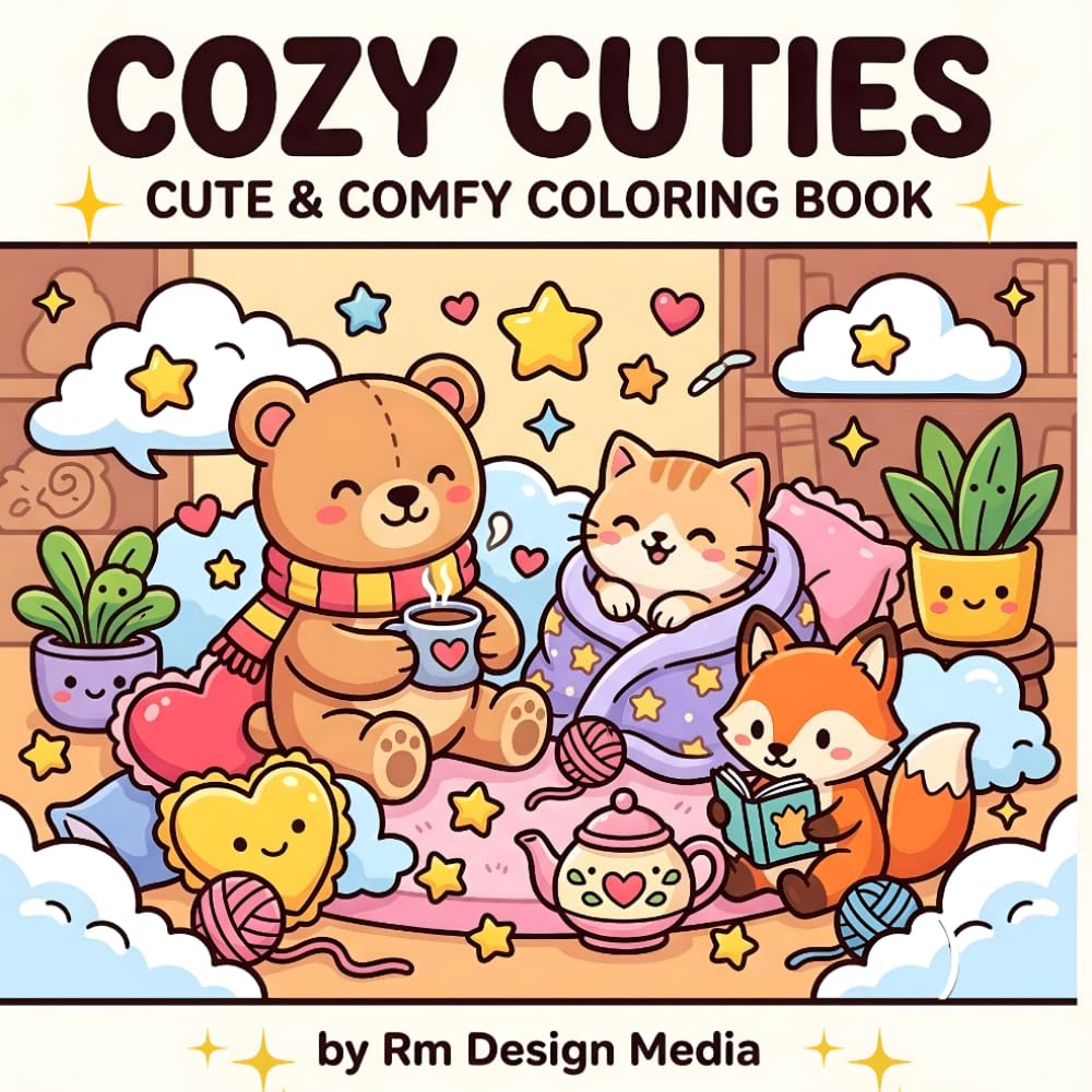 Cozy Cuties: Cute and Comfy Coloring Book: Bold and Easy Coloring Pages for Adults and Kids, Featuring Hygge Style Cozy Spaces, Adorable Animals, and Relaxing Fantasy Scenes (Cute & Comfy Coloring)
