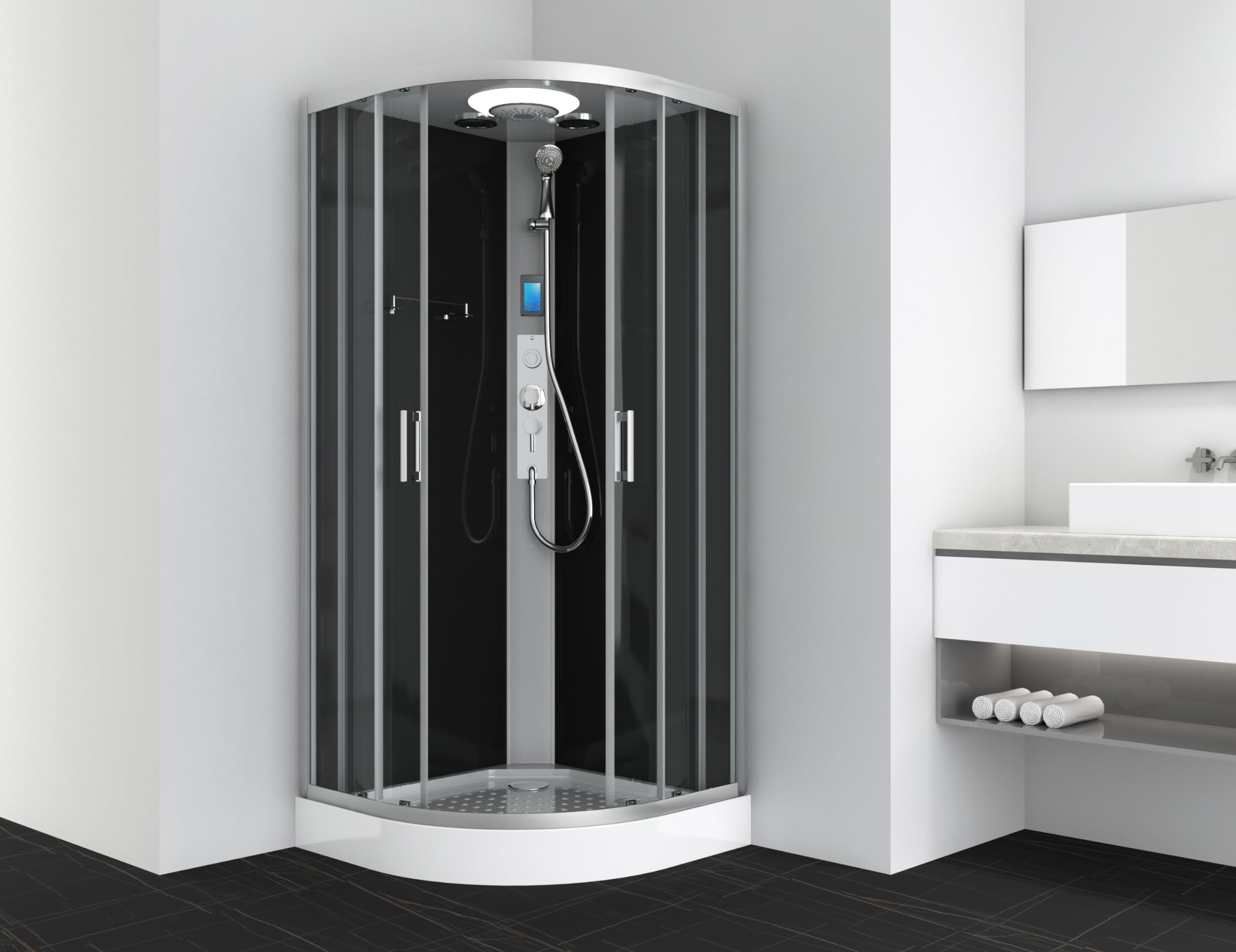 SANOTECHNIK Cabina de ducha completa AUSTIN 90 × 90 × 215 cm – Sistema de ducha todo en uno | Cristal de seguridad ESG, radio táctil, techo LED, chorros de masaje, montaje rápido y ducha completa |