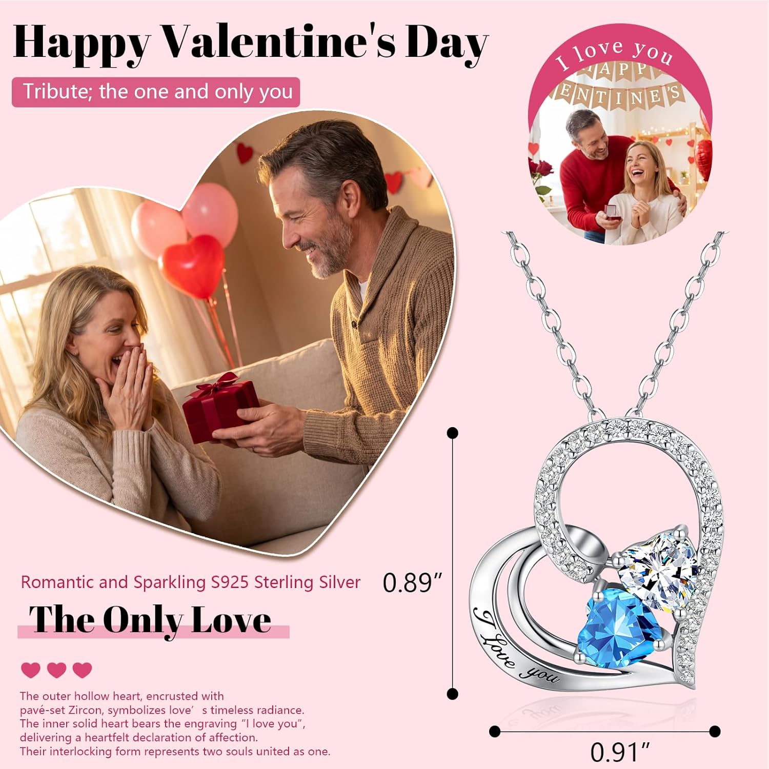 Double Birthstone Heart Necklace 0.8CT Dual-Gemstone S925 Sterling Silver Plated White Gold Engraved I Love You Perfect Anniversary/Valentine's Day Gift for Wife/Girlfriend/Mom/Daughter - Image 3