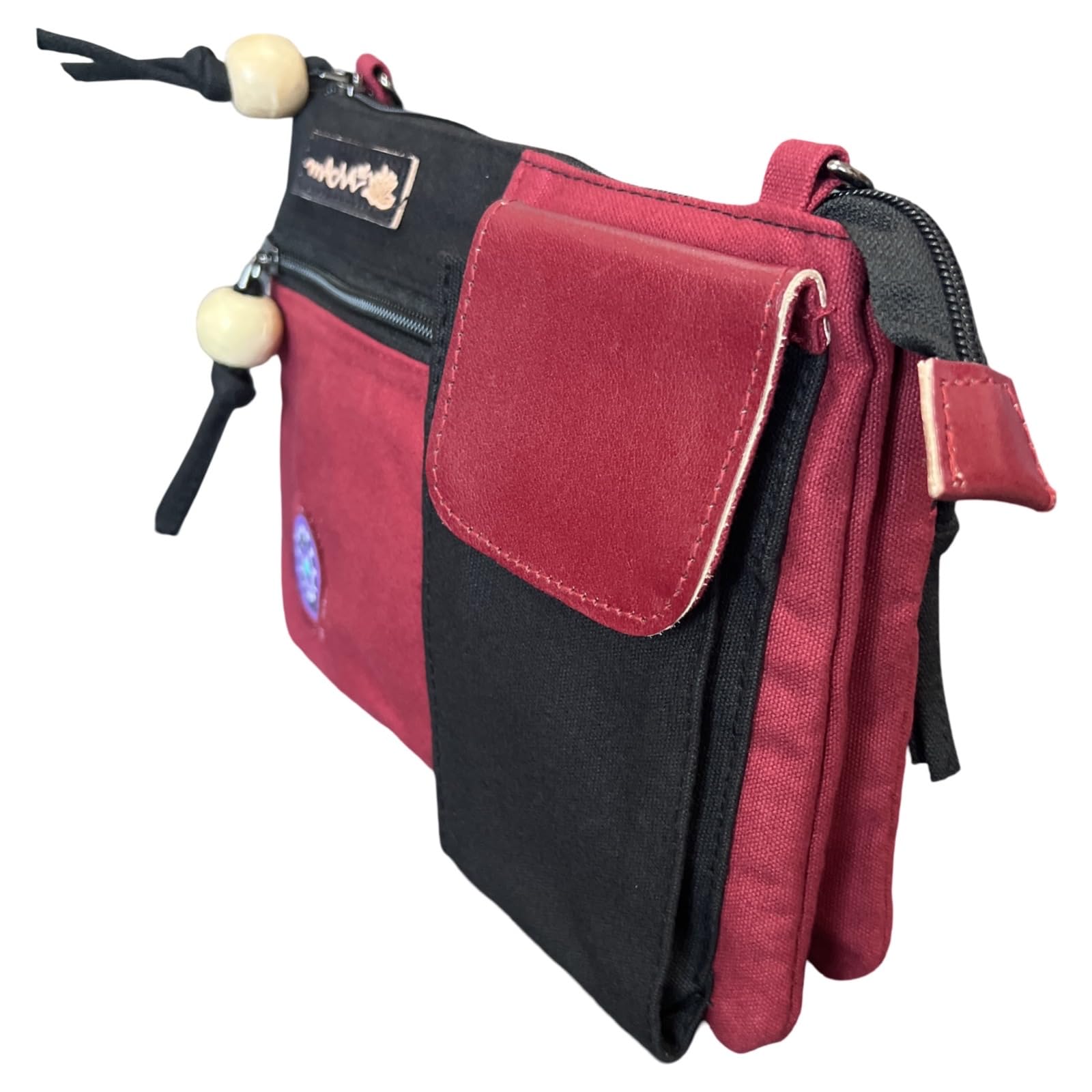 Macha Bolso pequeño de algodón étnico con estampados coloridos e inserciones de cuero, Bolso de hombro de algodón y cuero indio étnico para mujer. (Burdeos)