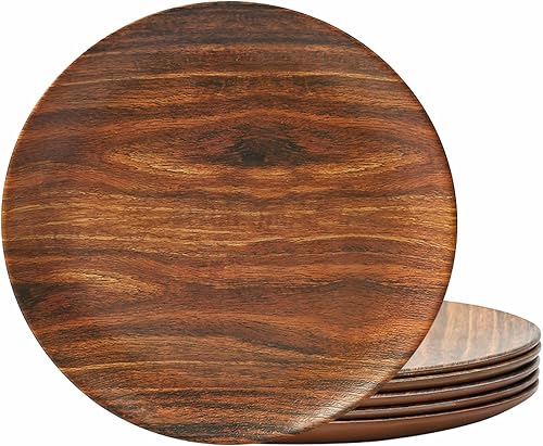 TP 11" Platos de cena de melamina, juego de 6 platos irrompibles para servir para interior y exterior, servicio para 6, grano de madera de rosa