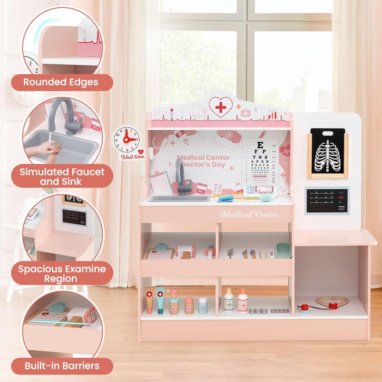 Costzon 2 in 1 Wooden Doctor Playset, Role Play Medical Toy w/24 Medical Accessories, Stethoscope, ECG Monitor, X-Ray Film, Exam Area, Hospital Pretend Playset for Toddlers 3+ Years Old (Pink)