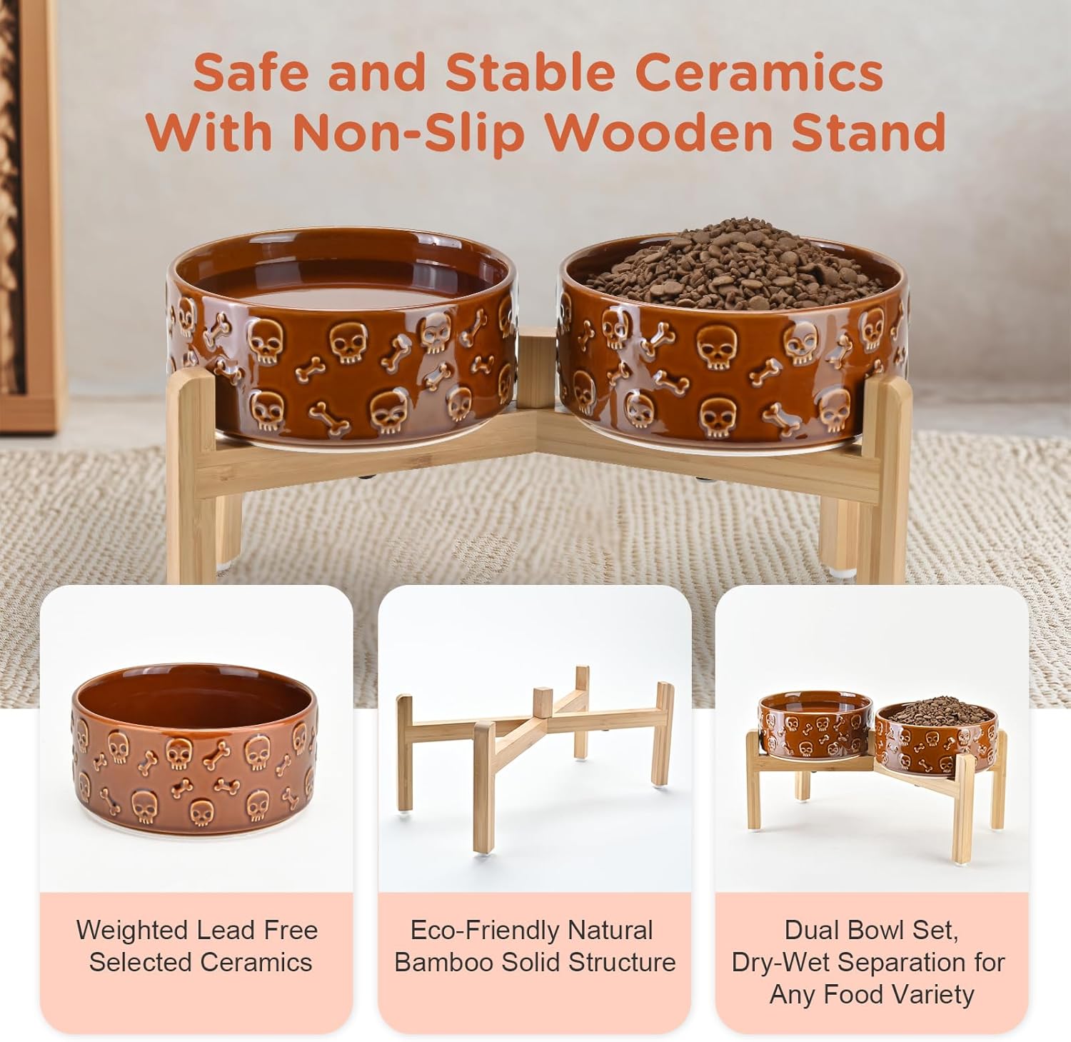 SPUNKYJUNKY Elevated Dog Bowls Ceramic, 7.3'' Dogs Food Water Bowls Raised with Non-Slip Bamboo Stand for Medium to Large Sized Breed Microwave Dishwasher Safe - 42 OZ,Skull Bronze