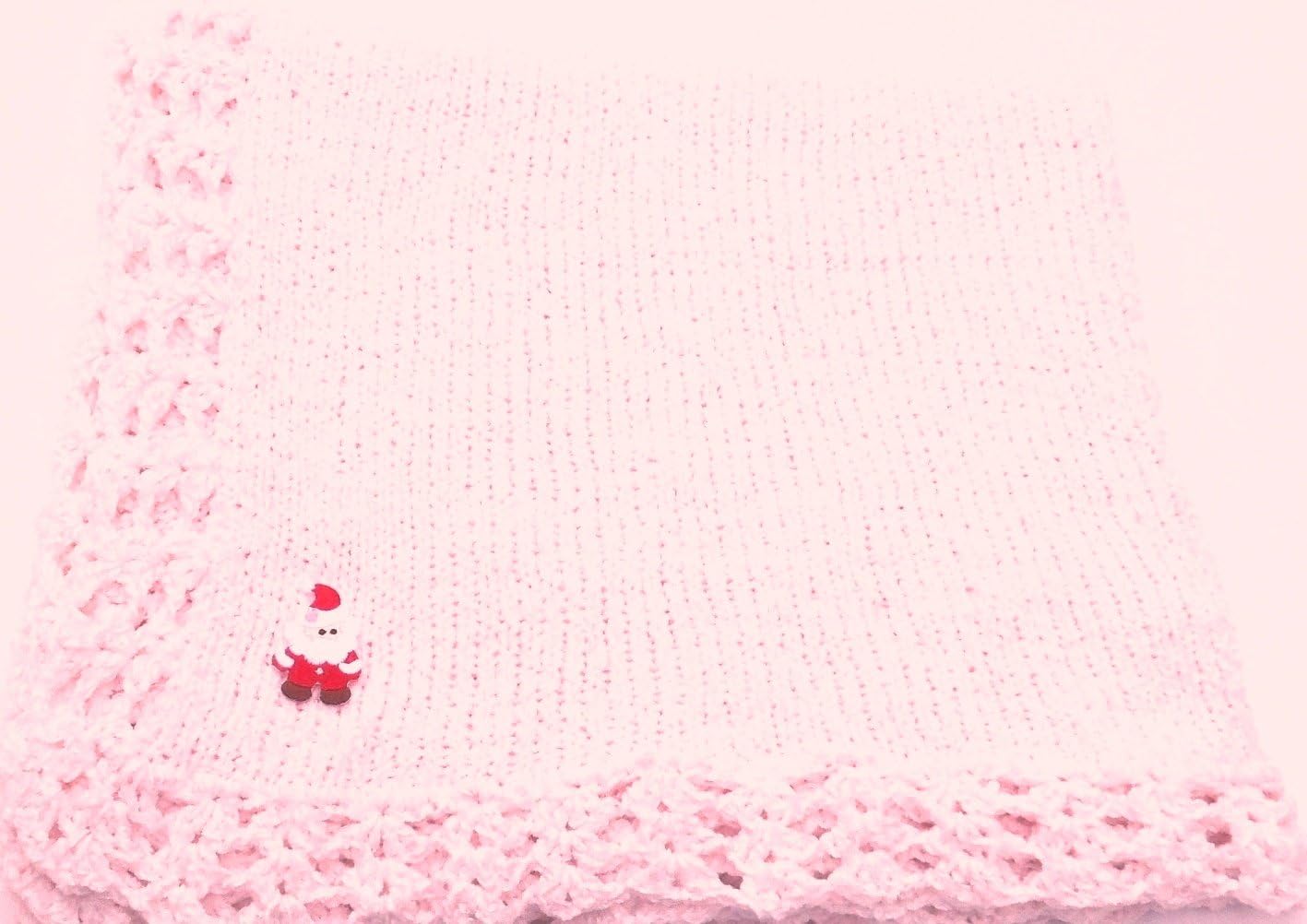 Knitted Crochet Finished Medium Pink Chenille Large Blanket with Santa Patch