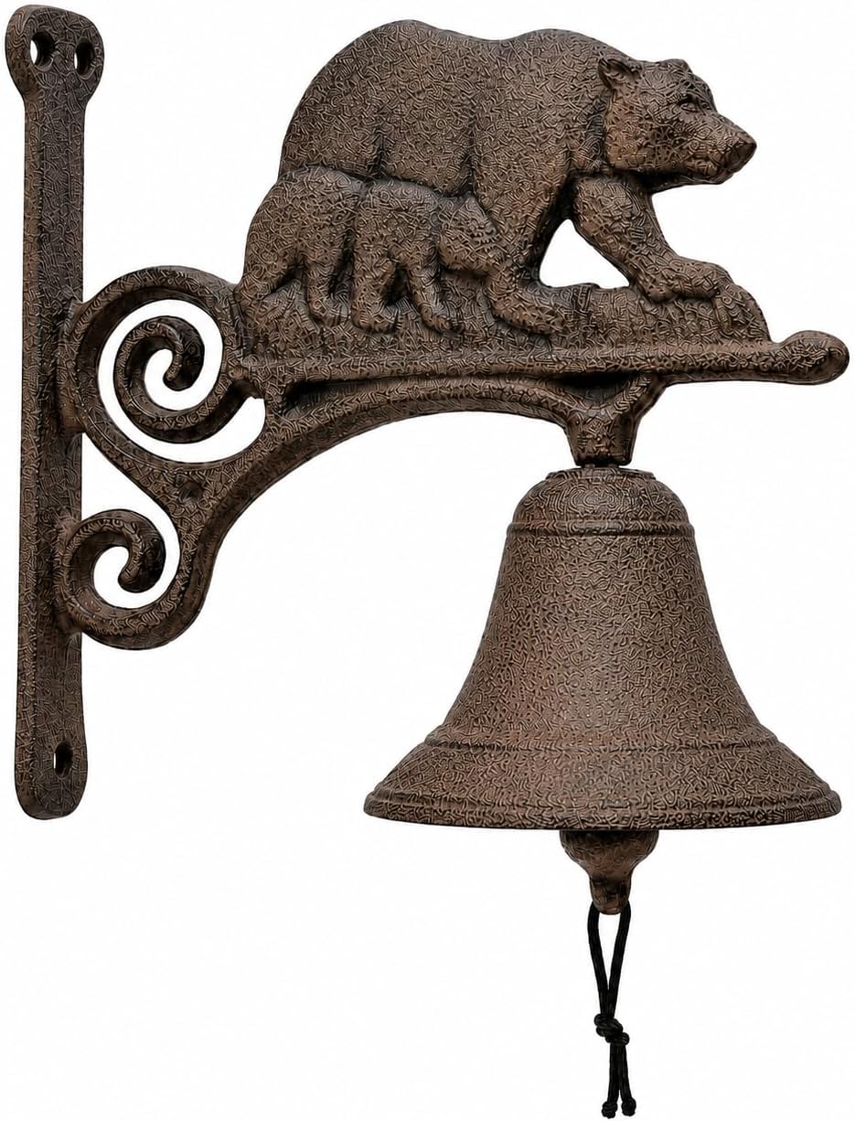 Comfy Hour 7.8" Heavy Duty Cast Iron Bear Dinner Bell, Loud Resonant Wall Mounted Outdoor Doorbell for Farmhouse, Garden & Cabin, Decorative Wildlife Metal Bell for Porch, Antique Black Finish