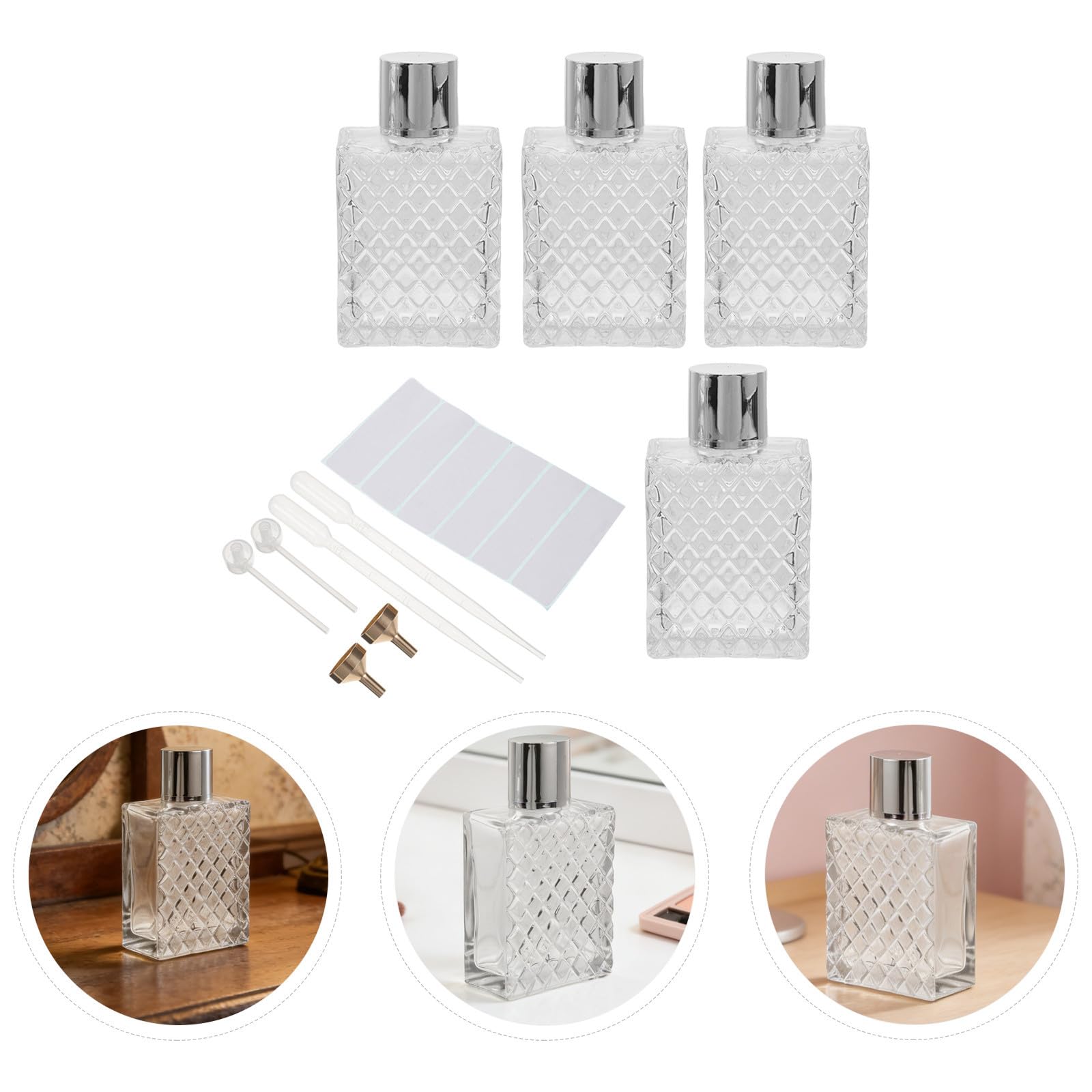 POPETPOP 4 Stück Quadratische Parfümflaschen aus Glas 100ml mit Sprühpumpe und Trichter Tragbare Nachfüllbare Parfümzerstäuber für Reisen und Selbstgemacht Duftprojekte