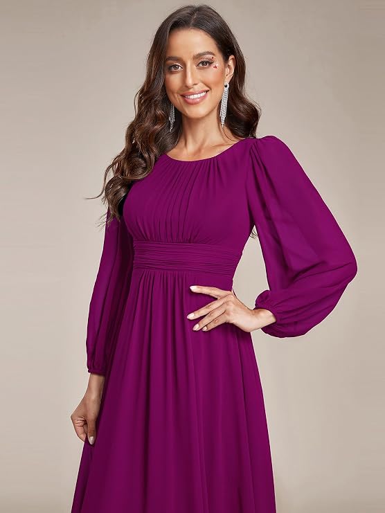 Ever-Pretty Women's Crewneck Long Lantern Sleeves Floor Length A-Line Pleated Chiffon Formal Dress 0106B