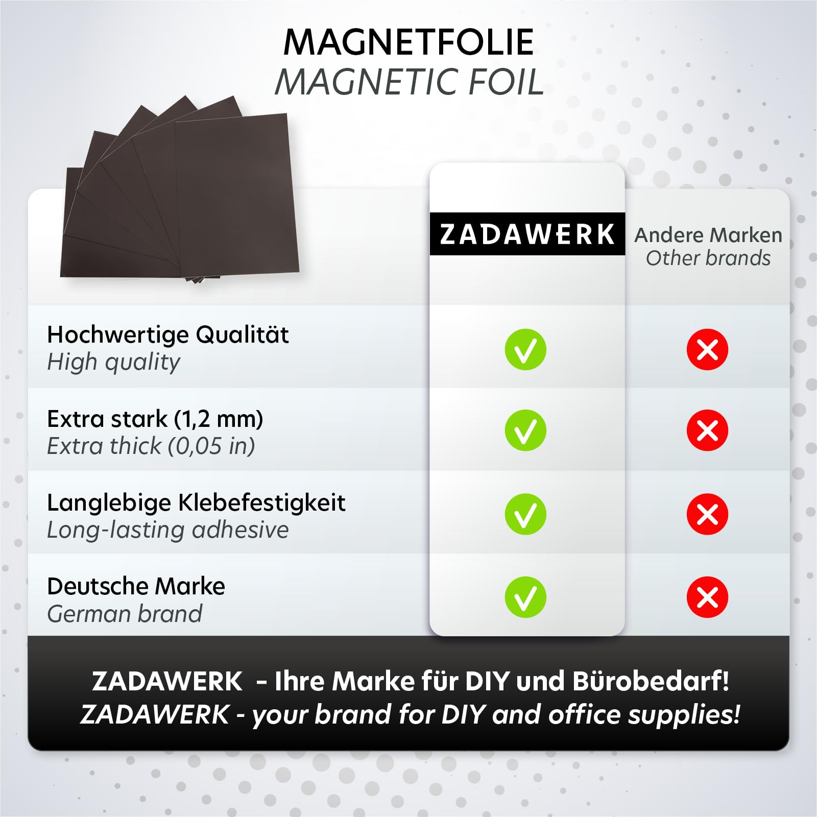 ZADAWERK® Film magnétique - 1,2 mm - DIN A4-6 pièces - tableau autocollant, aimanté - noir - fabriquer des aimants pour réfrigérateur - décorer, trier et organiser
