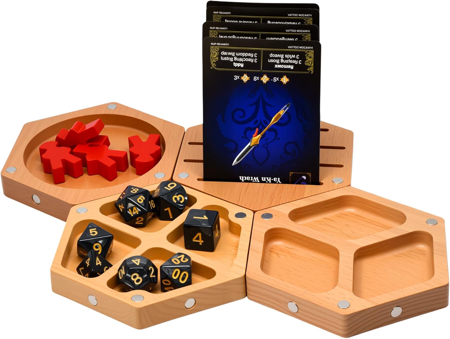 Magnetic Wooden Token Tray Set (7pcs) | Hexagonal Modular Organizer for Board Games, Dice, Cards, and Miniatures
