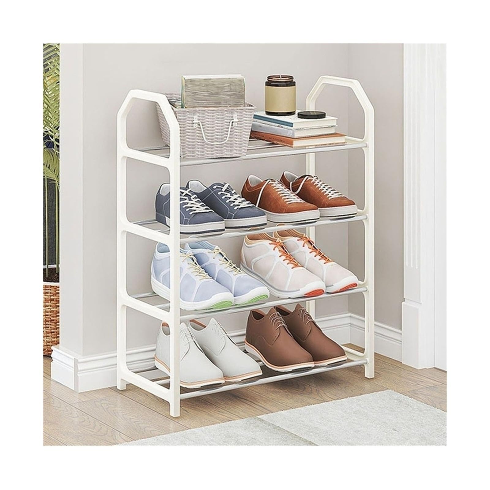 Étagère à chaussures à 4 niveaux en tuyaux d'acier noir pour entrée