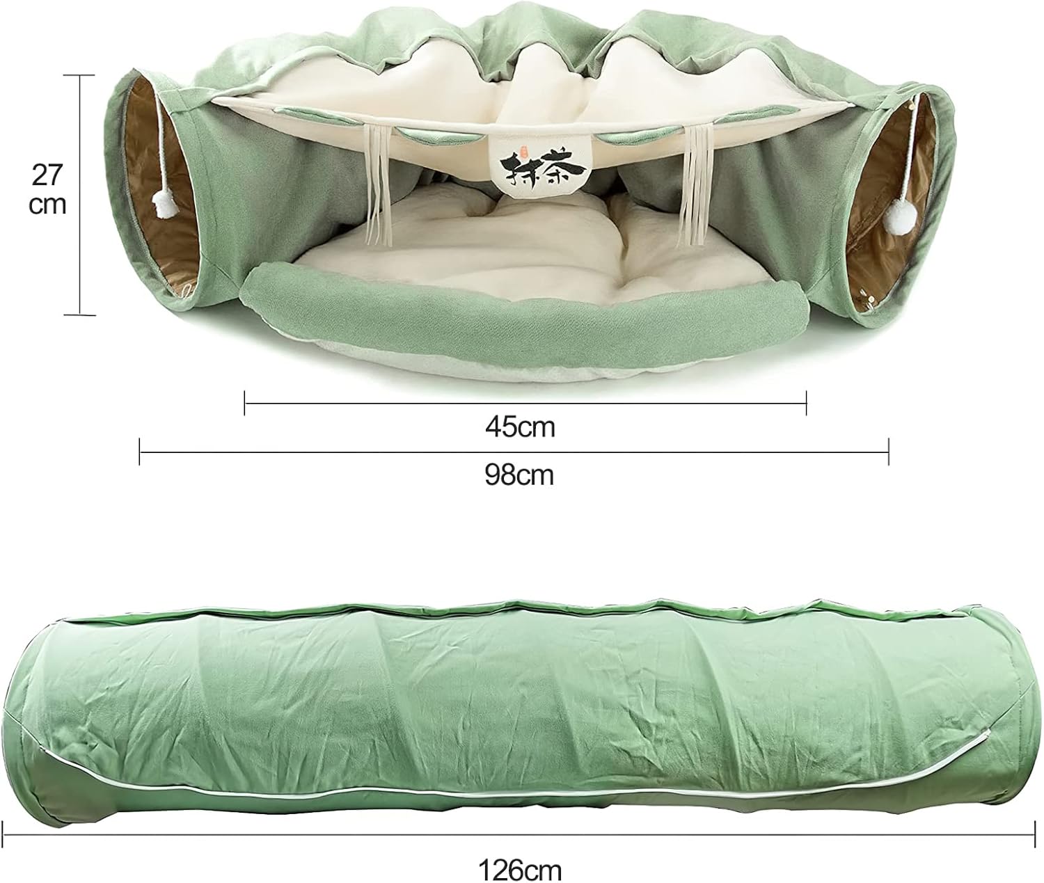 Cat Bed, Cat Tunnel with Cushion Mat, Pet Cave Bed with 2 Hanging Scratching Balls, Soft and Cosy Cat Tunnel Bed, Cat Tunnel for Indoor Cats(Pink)