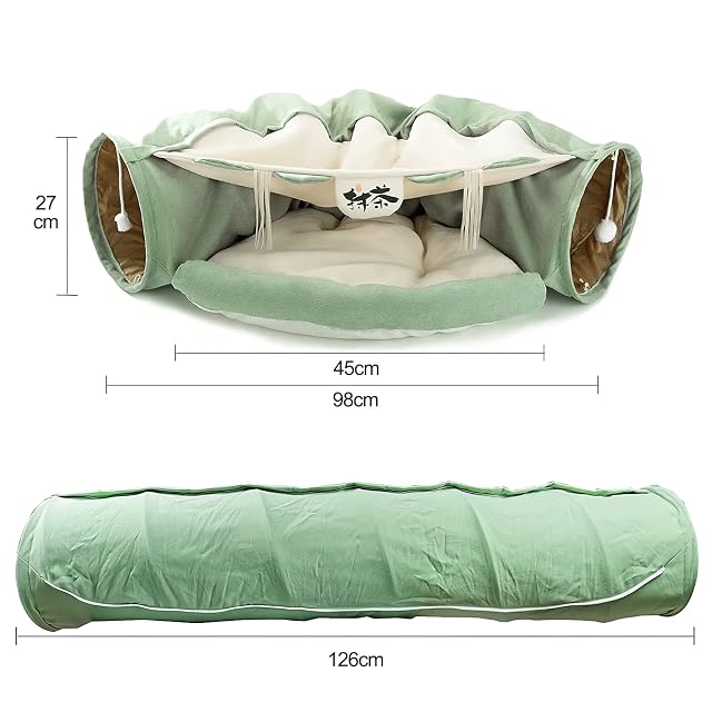 Foto 4 de 7 de Galatée Cama para Gatos, Túnel para Gatos con Alfombrilla, Cama para Mascotas con 2 Bolas De Felpa Colgantes