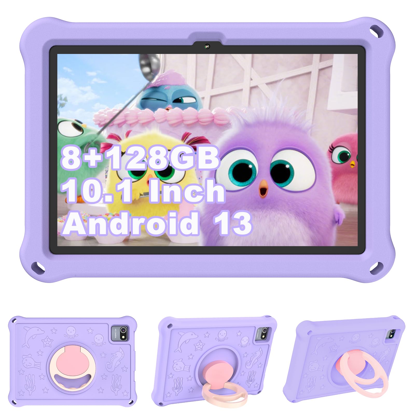 Tablet Bambini 10.1 Pollici, Android 13 Educativo per Bambini 8GB RAM 128GB Rom,Controllo Parentale,6000mAh,WiFi FHD 1280x800 per Tablet PC 3 a 6 Anni con Custodia,Viola
