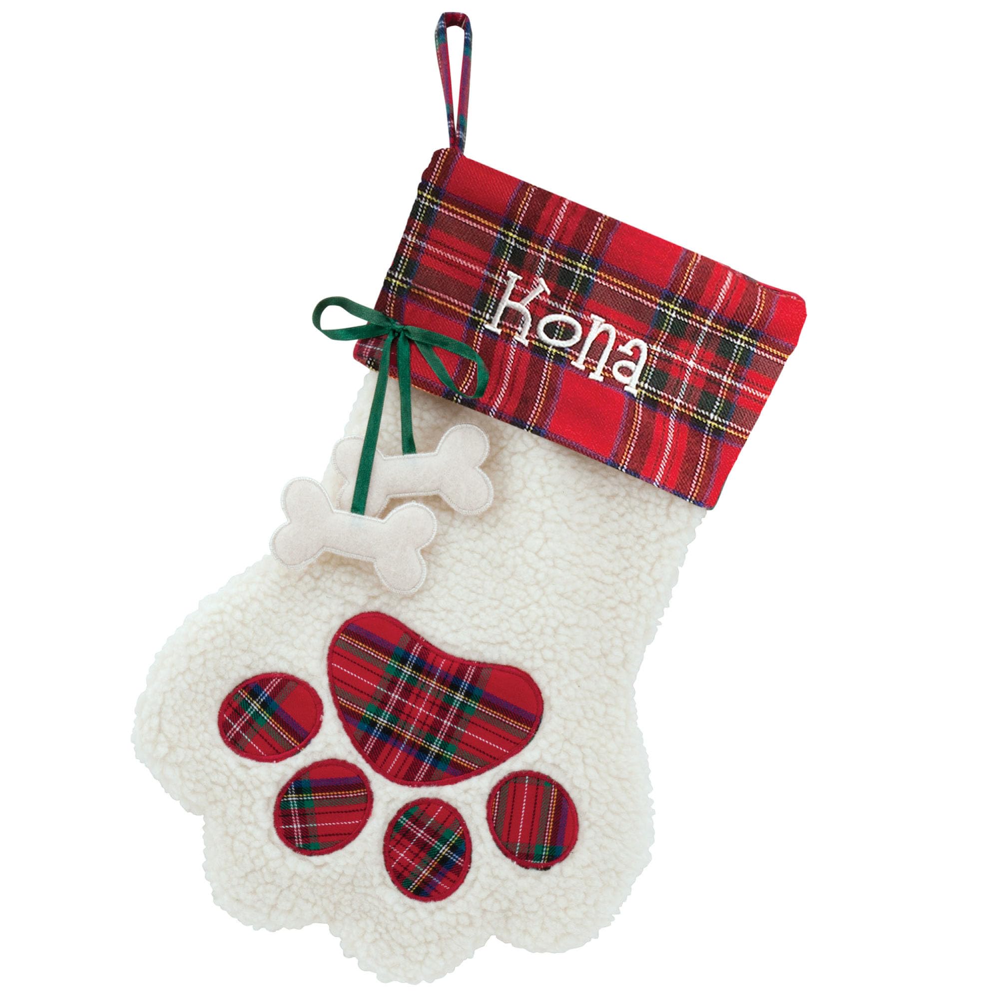 Dog Paw Christmas Stocking with Custom Pet Name Embroidered, White Faux Sherpa with Red Plaid Cuff and Dog Bone Accents, Festive Christmas Décor, Ready to Hang