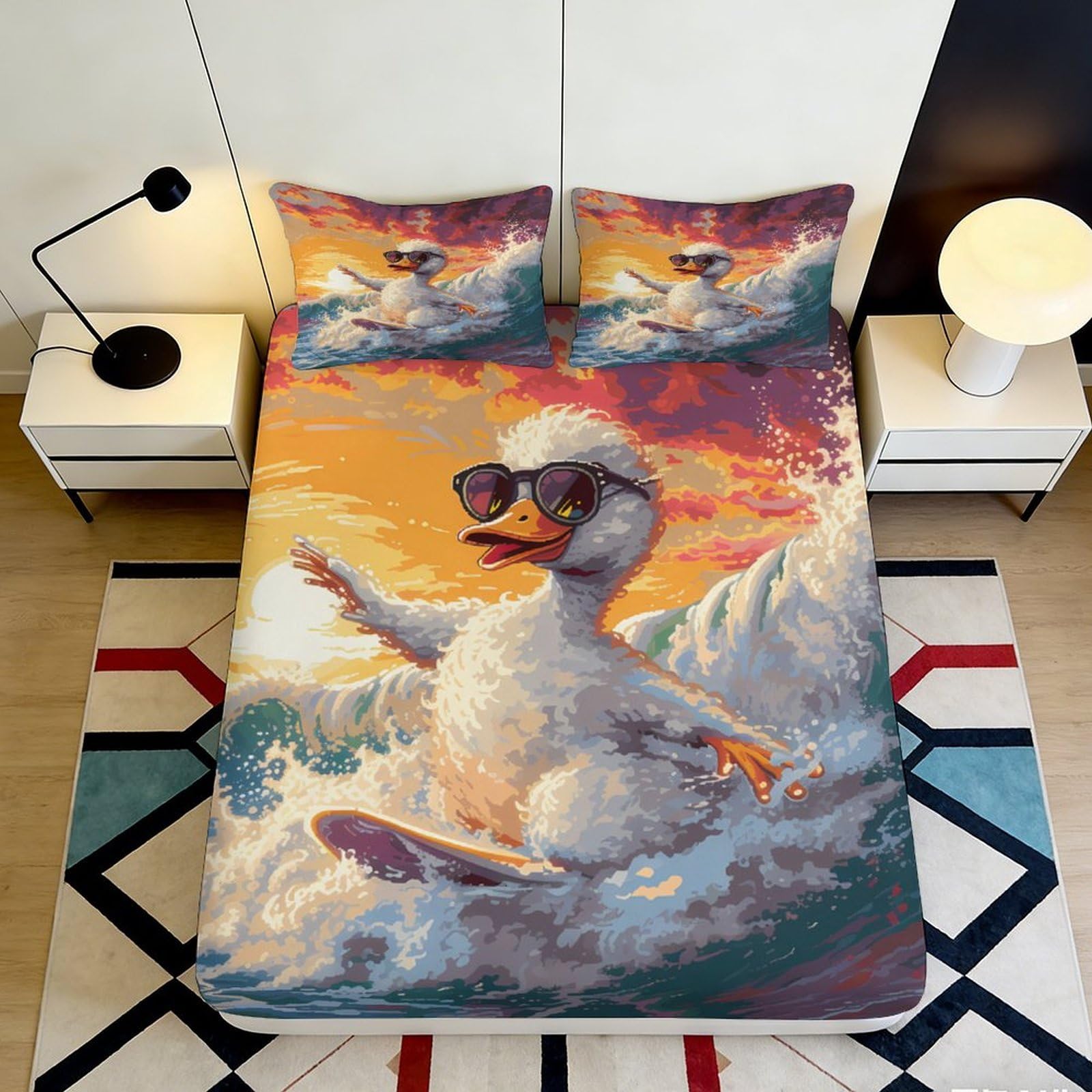 Jxqhbvmg Style-10 3D Printed Cartoon Duck Fitted Sheet Microfiber Non-Slip Deep Pocket Cartoon Duck Mattress Fitted Cover Bedroom Bedding 90X200x25cm