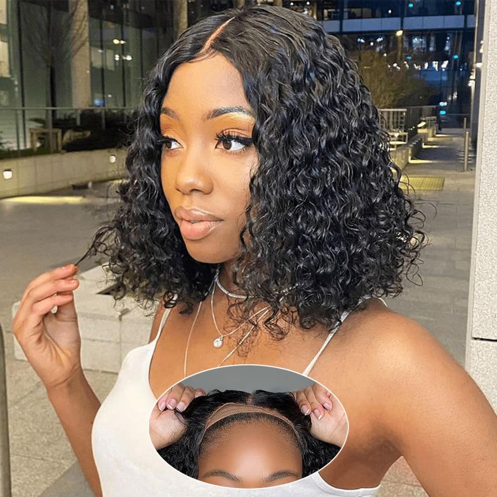 Pinketer Glueless Wigs Human Hair Pre Plucked Pre Cut 5x5 Lace Closure Bob Wig with Baby Hair Deep Wave Wear and Go 180% Density Curly Wigs for Black Women Natural Color 12 Inch