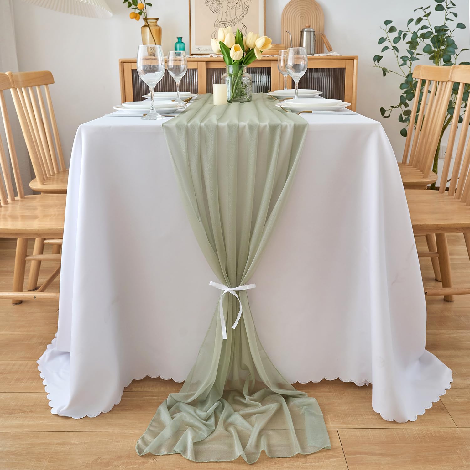 TRAHOO-Chemin de Table Mousseline de Soie Vert Chemin de Table