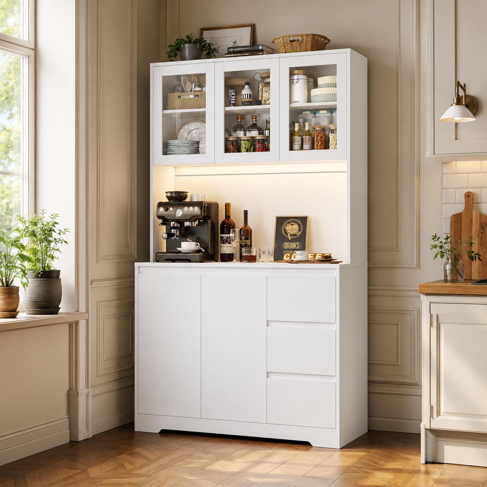 Küchenschrank mit LED & Steckdosenleiste, hoher Buffetschrank, Sideboard für Küche, verstellbaren Einlegeböden, 3 Schubladen, 5 Türen, großer Arbeitsplatte 100 x 38,5 x 180 cm, Weiß