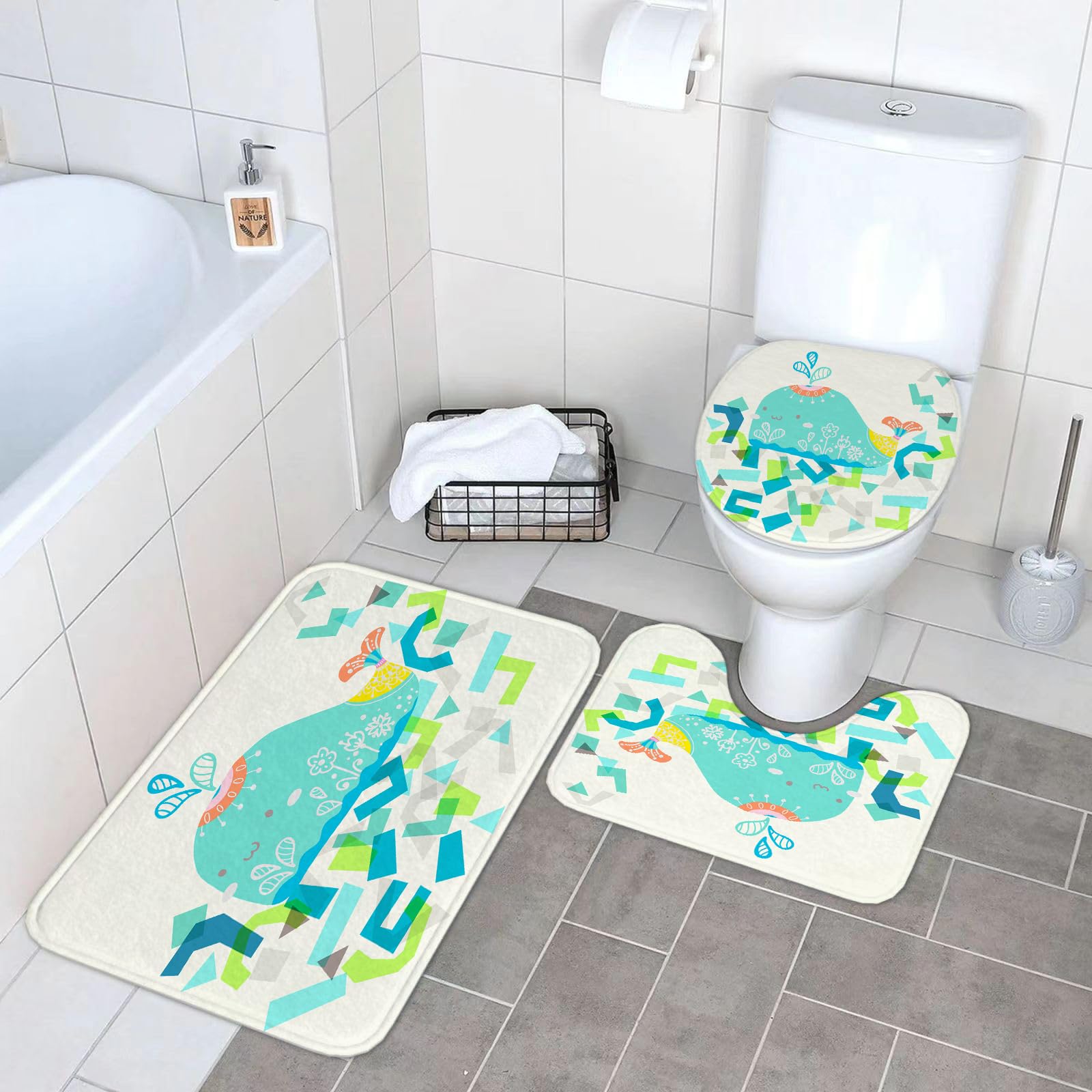 Set di 3 tappetini da Bagno, Lavabili in Lavatrice e Antiscivolo, in Morbida Fibra Superfine, con Decorazione a Balena e Simpatici Motivi Geometrici.