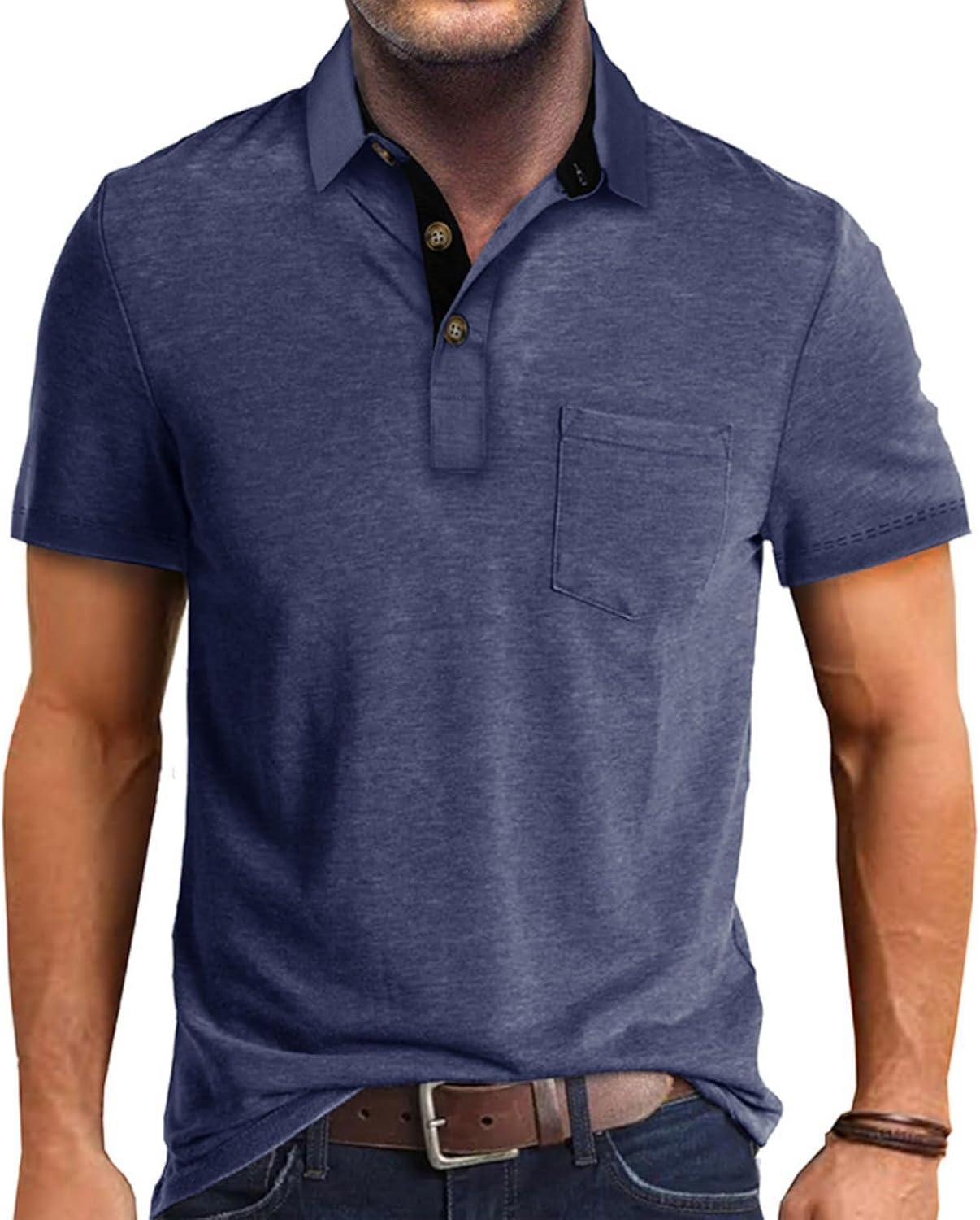 Men's Casual Polo Shirts Classic Button Basic Long Sleeve Shirt Solid Color Cotton Tees Stylish Tops