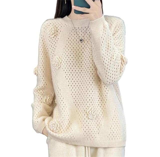 Womens Handmade Hollow Crochet Round-Neck Wool Knit Sweater Thick Warm Loose Soft Cozy Pullover Top for Winter