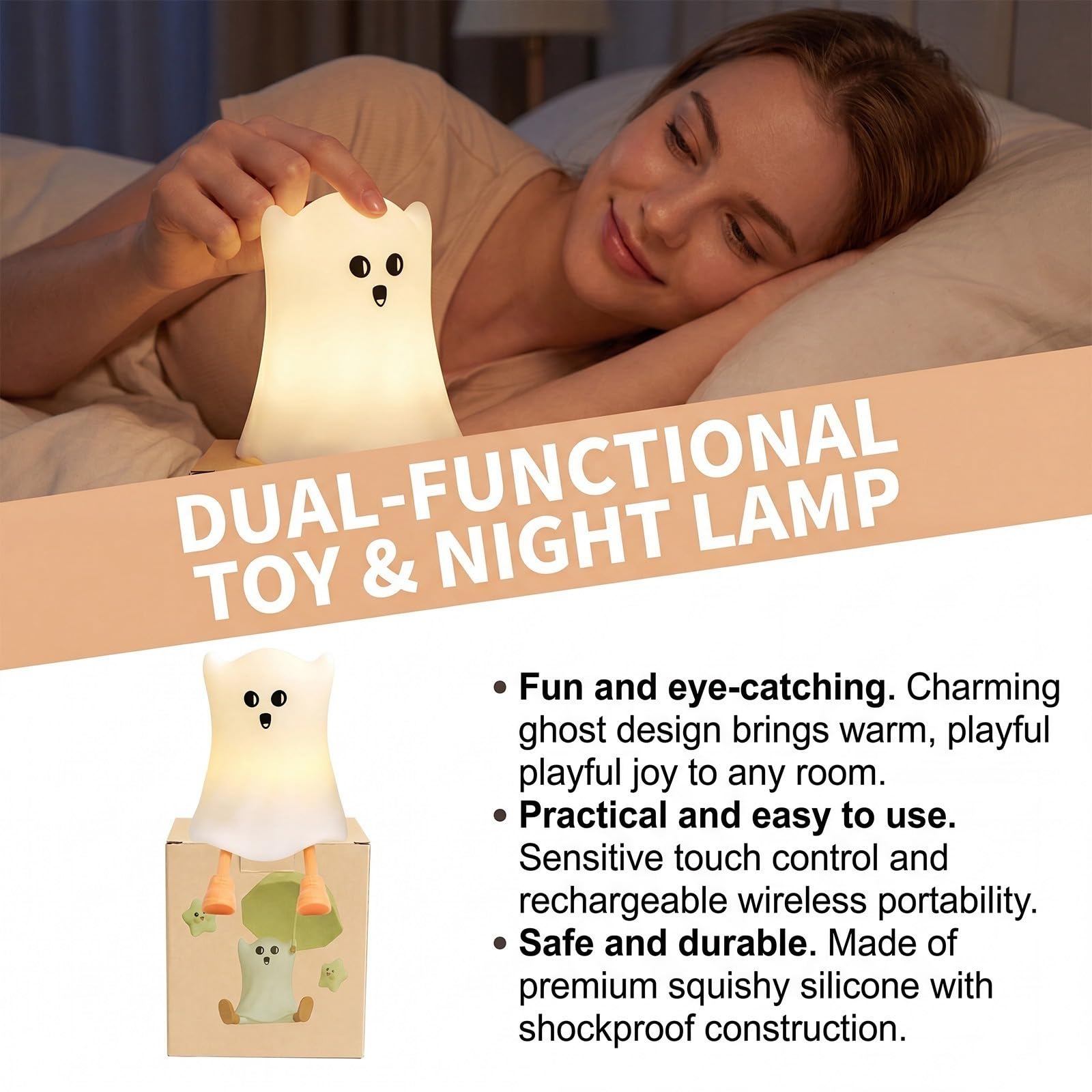 Générique Luce notturna fantasma Halloween – Lampada da notte calda e carina per camera da letto, decorazione ufficio divertente – 4 modalità regolabili, ricaricabile USB-C, autonomia 6H 3 articolo