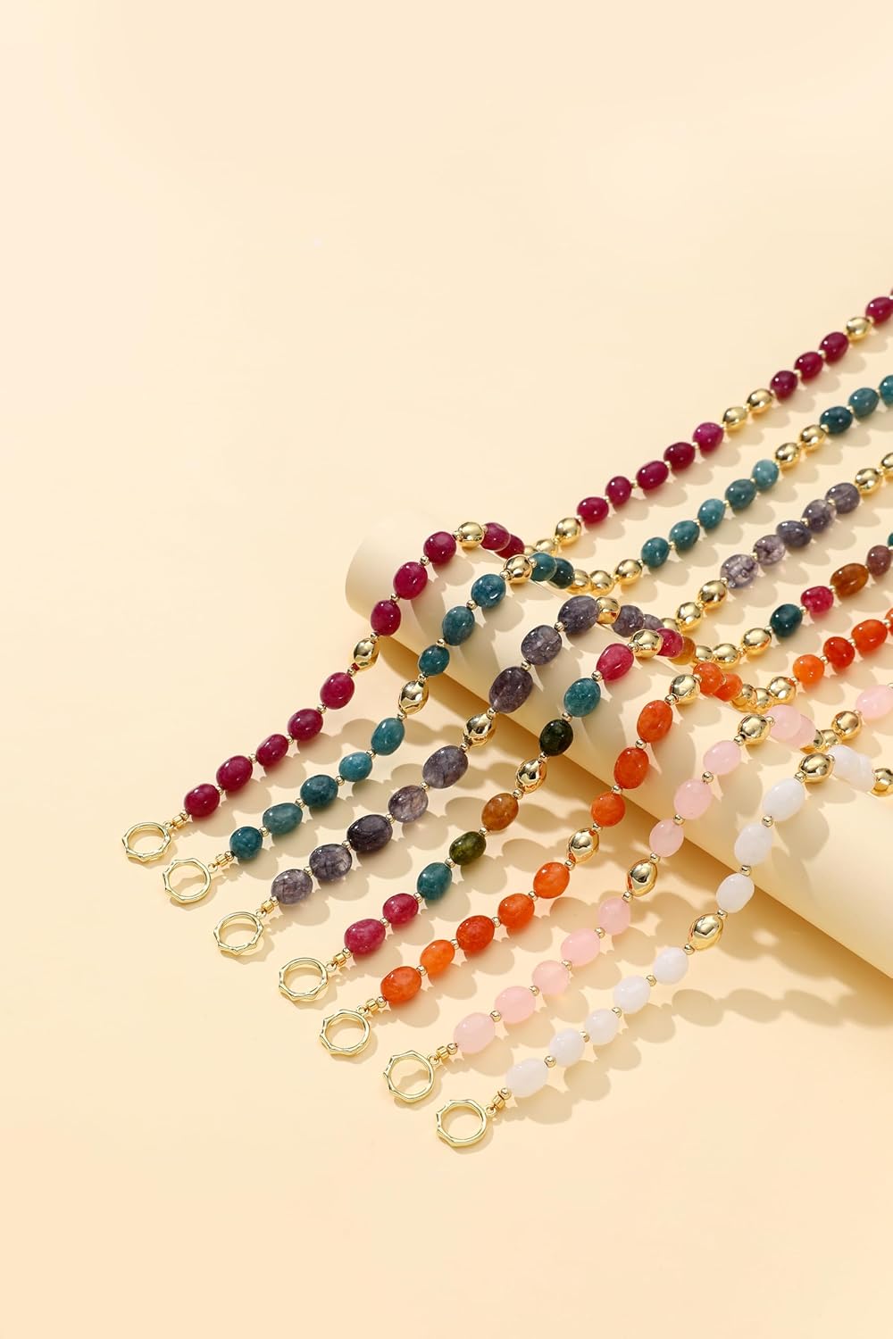 Beaded Necklace for Women, Colorful Gemstone Choker, 14K Gold Plated Stackable Handmade Necklace Oval Stone Jewelry Gift - Image 4