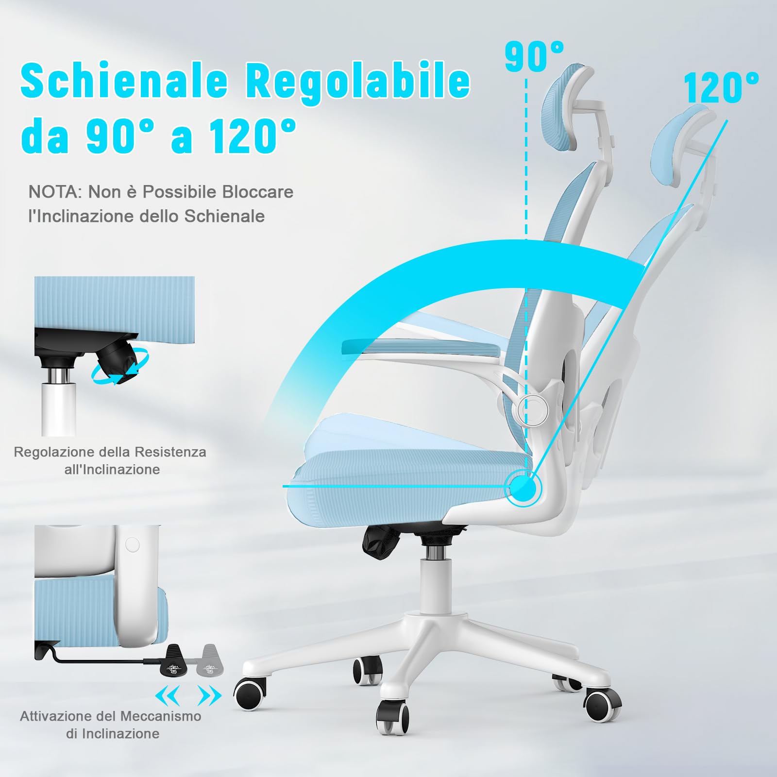 rattantree Sedia da Ufficio con Supporto Lombare, Sedia Ufficio Ergonomica con Braccioli Regolabili in Rete Traspirante, Altezza Regolabile e Schienale Inclinabile (con poggiatesta, Blue)