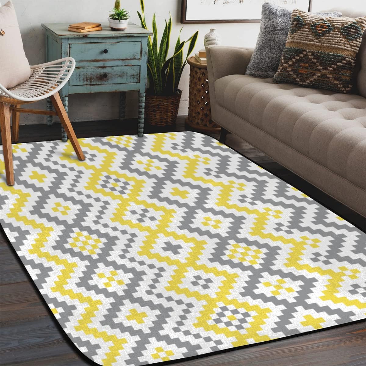 4 x 6 feet Yellow and Gray Geometry Mosaic Shape Super Soft Area Rug for Kids Baby Nursery, Rugs for Living Room, Machine Washable Super Soft Rug