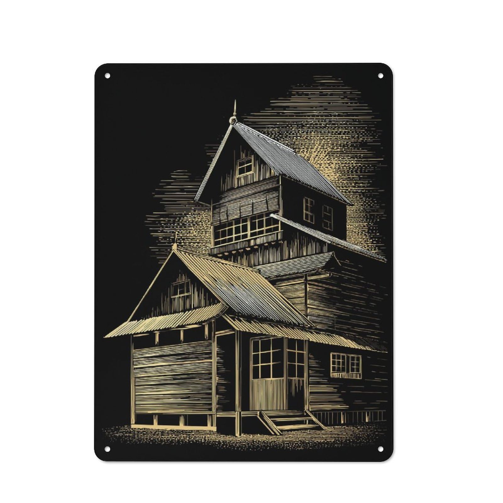 Tin Sign 40x30cm with Detailed House Illustration on Black Background for Café Or Home Bar, Rustic Decor, for Café-style Decor Fans